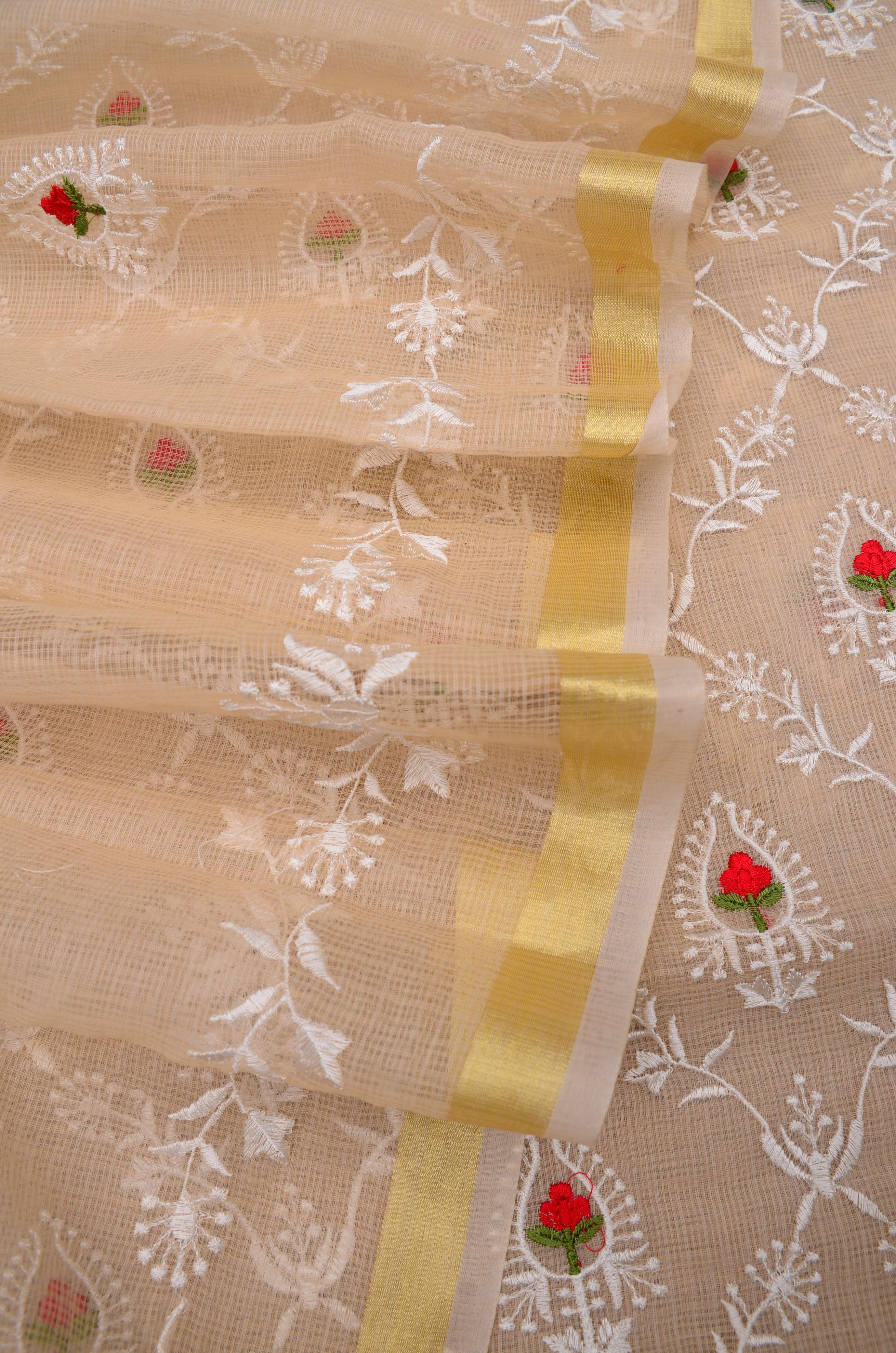 Cream Kota Doria Embroided Suit Fabric With Dupatta