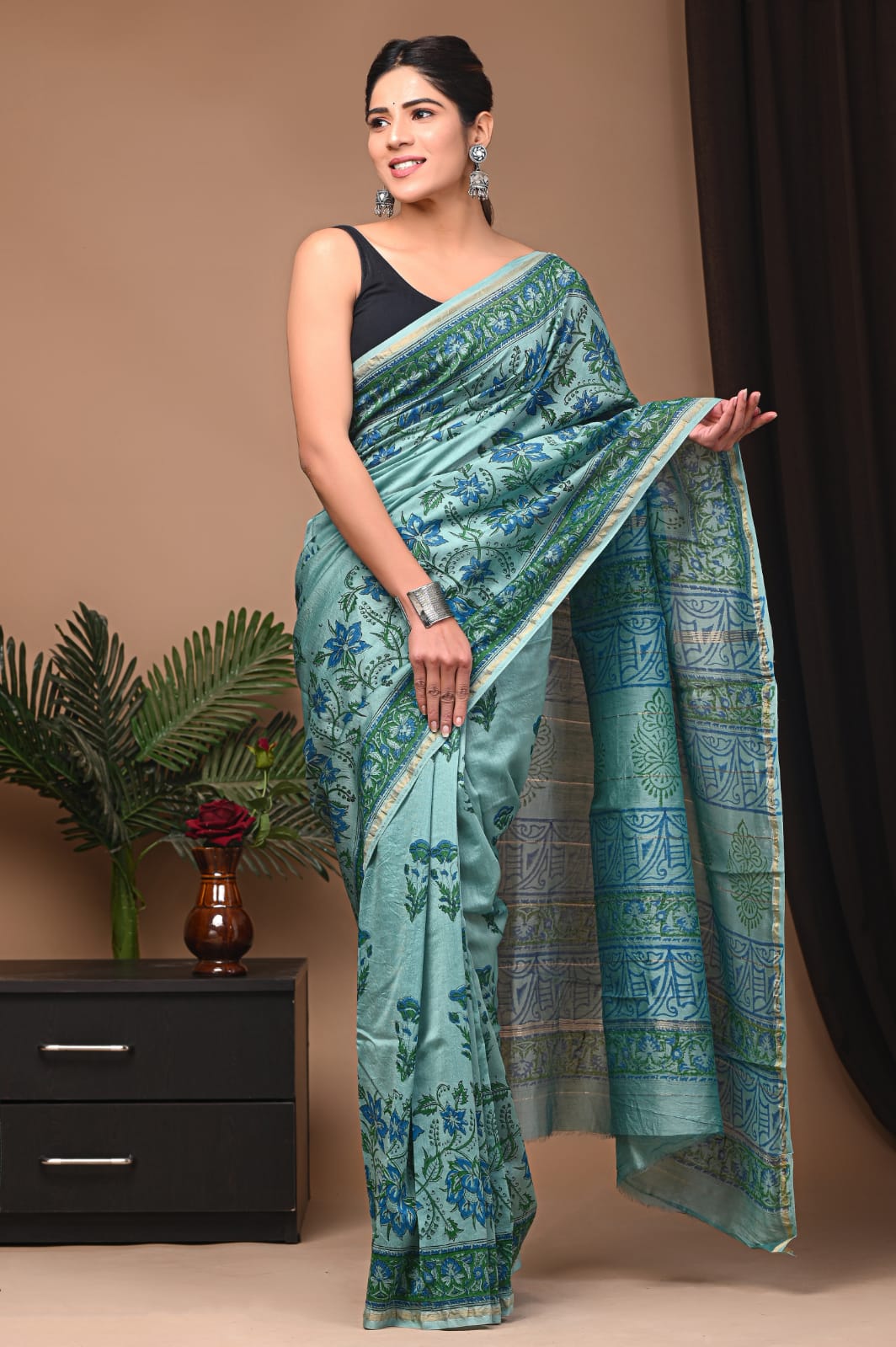 Sea Green Printed Chanderi Saree