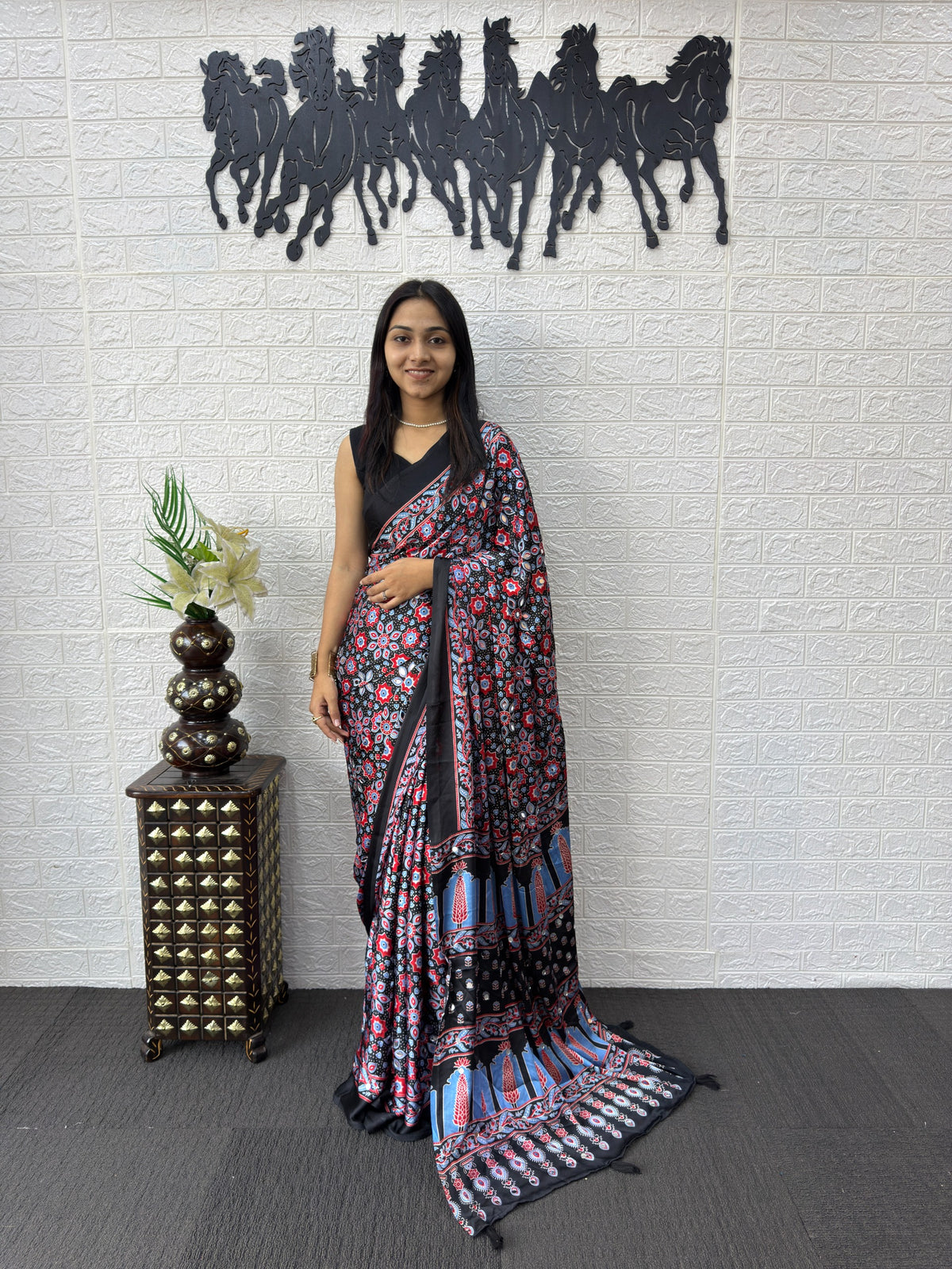 Blue Ajrakh Print Mirror Work Satin Silk Saree