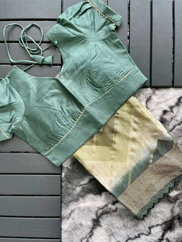 Pista Green Organza Soft Silk Saree With Stitched Blouse