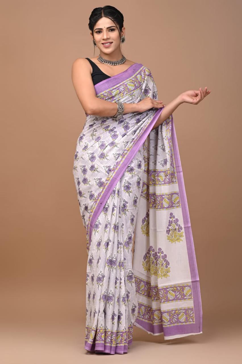 White purple habd block printed mul mul saree