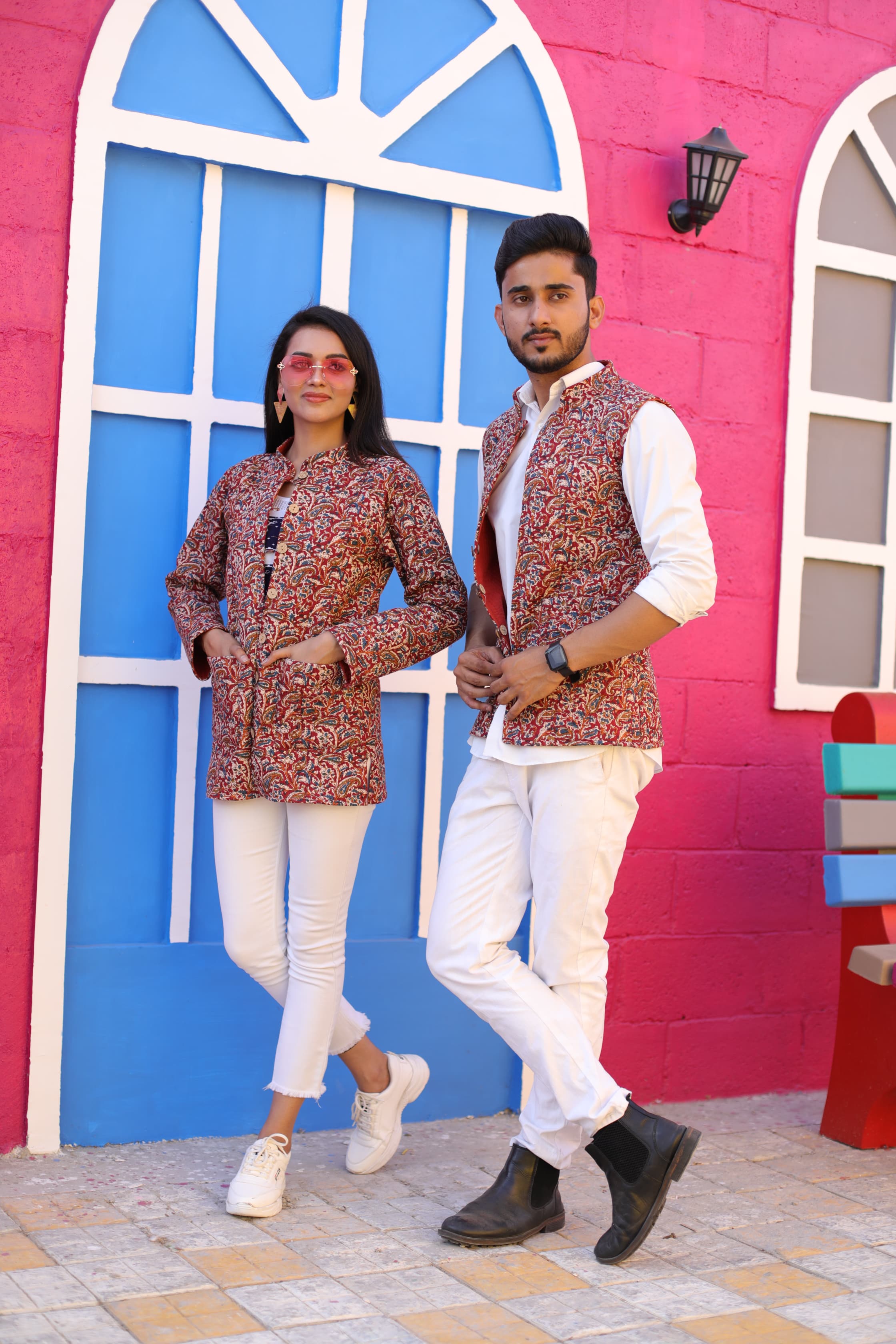 Red Color Twinning Couple Pure Cotton Bagru Print Quilted Reversible Jackets