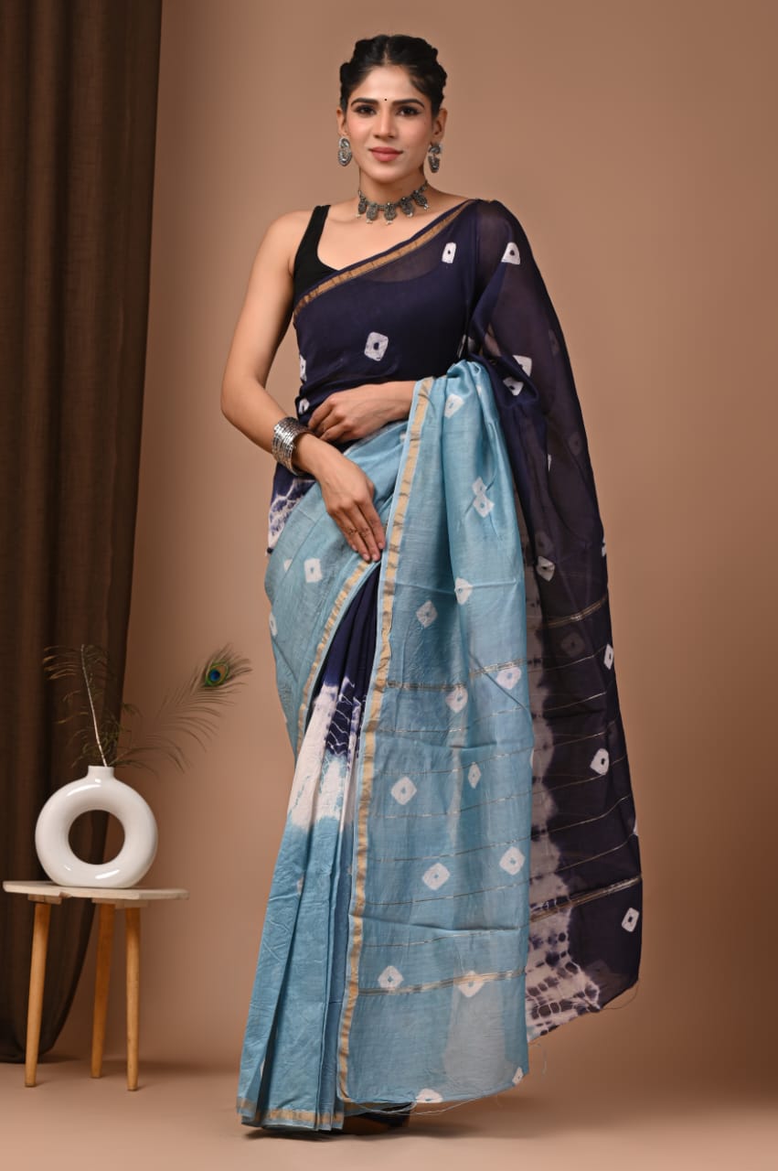 Black & Blue Chanderi Hand Block Printed  Saree