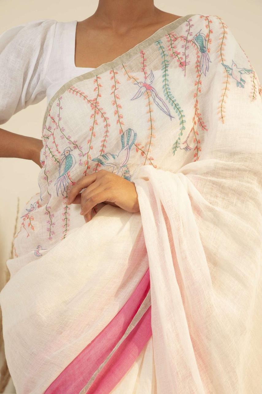 Linen Embroidery Saree In White