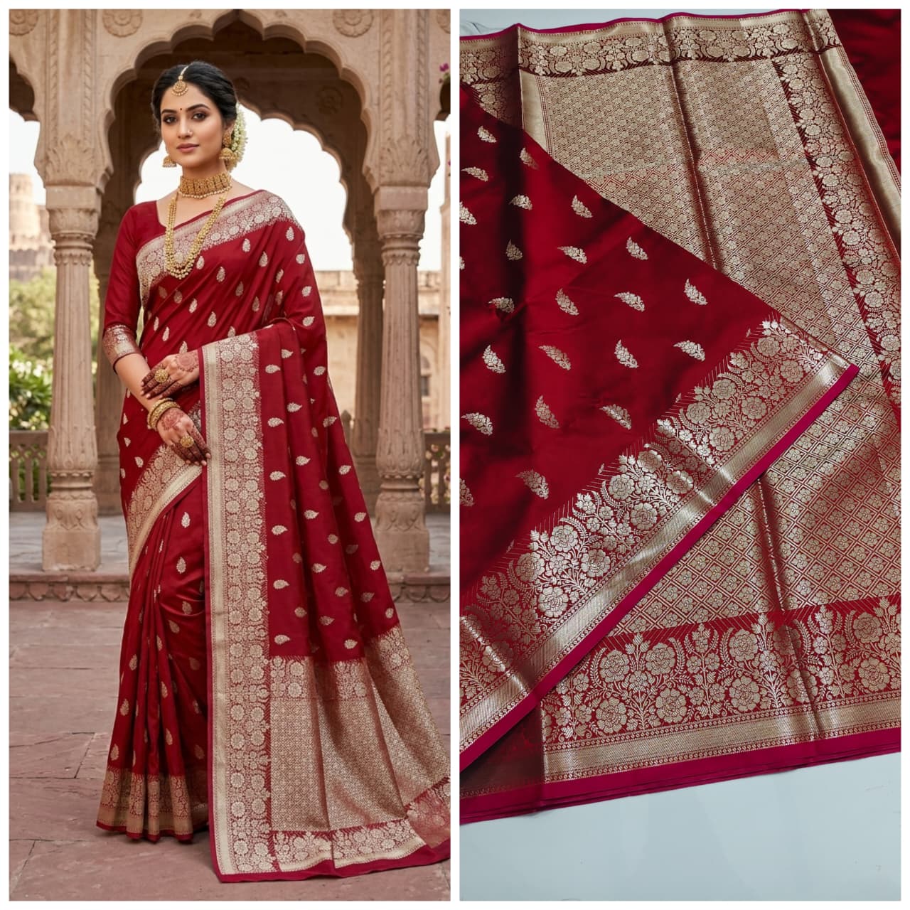 Banarasi Handloom Semi Kathan  Saree In Maroon