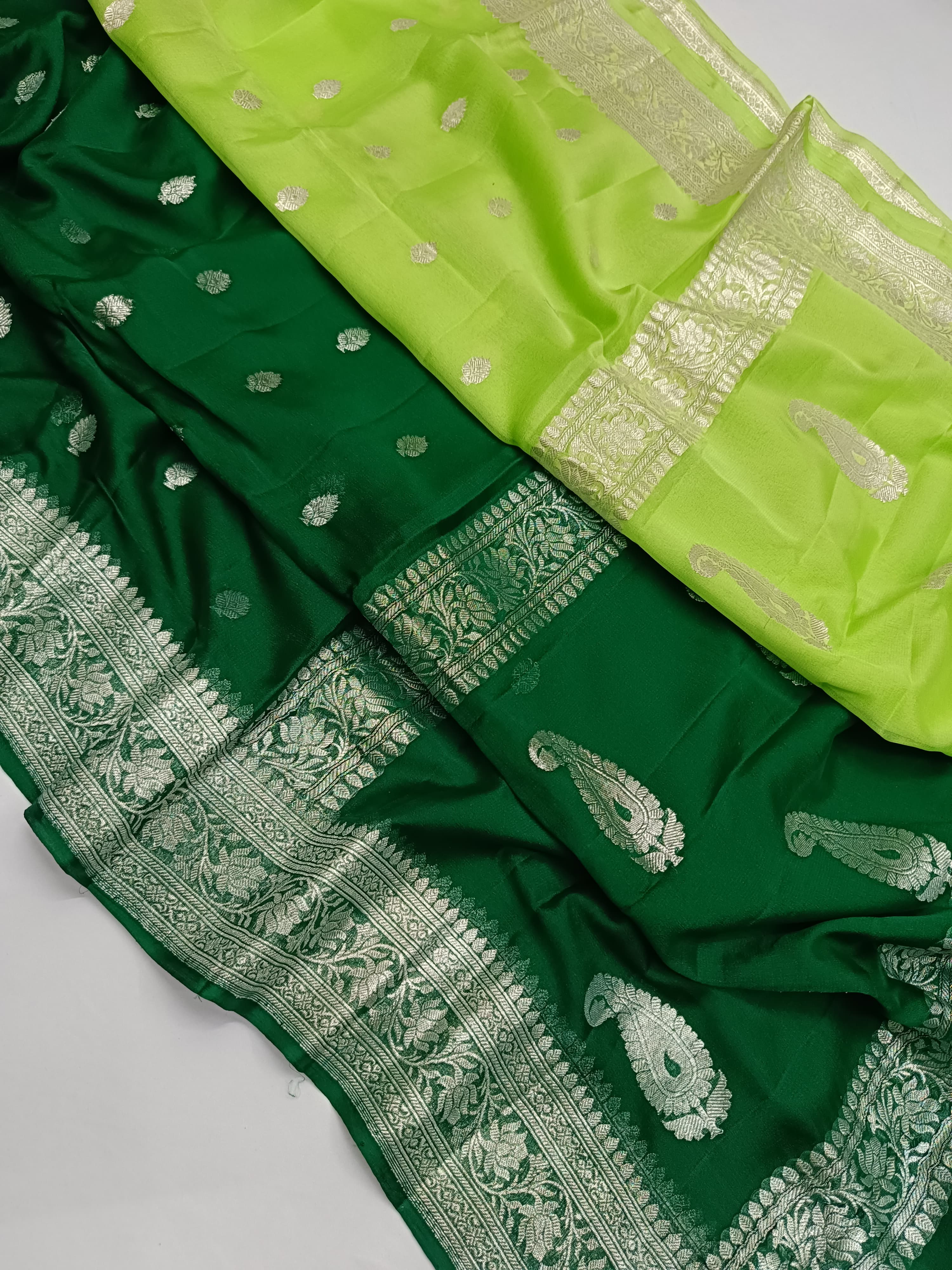 Deep Green And Lime Green Banarasi Khaddi Georgette Jaal Saree