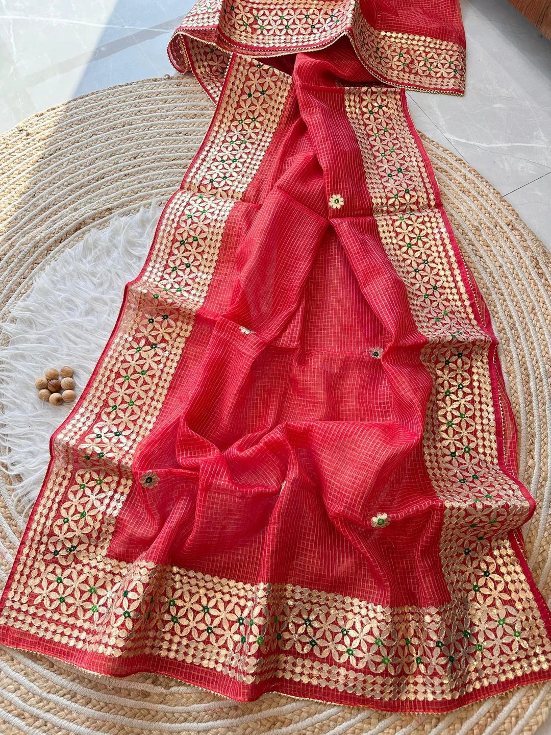 Roothi- Red Kota Doria Heavy Border Gota Patti Saree