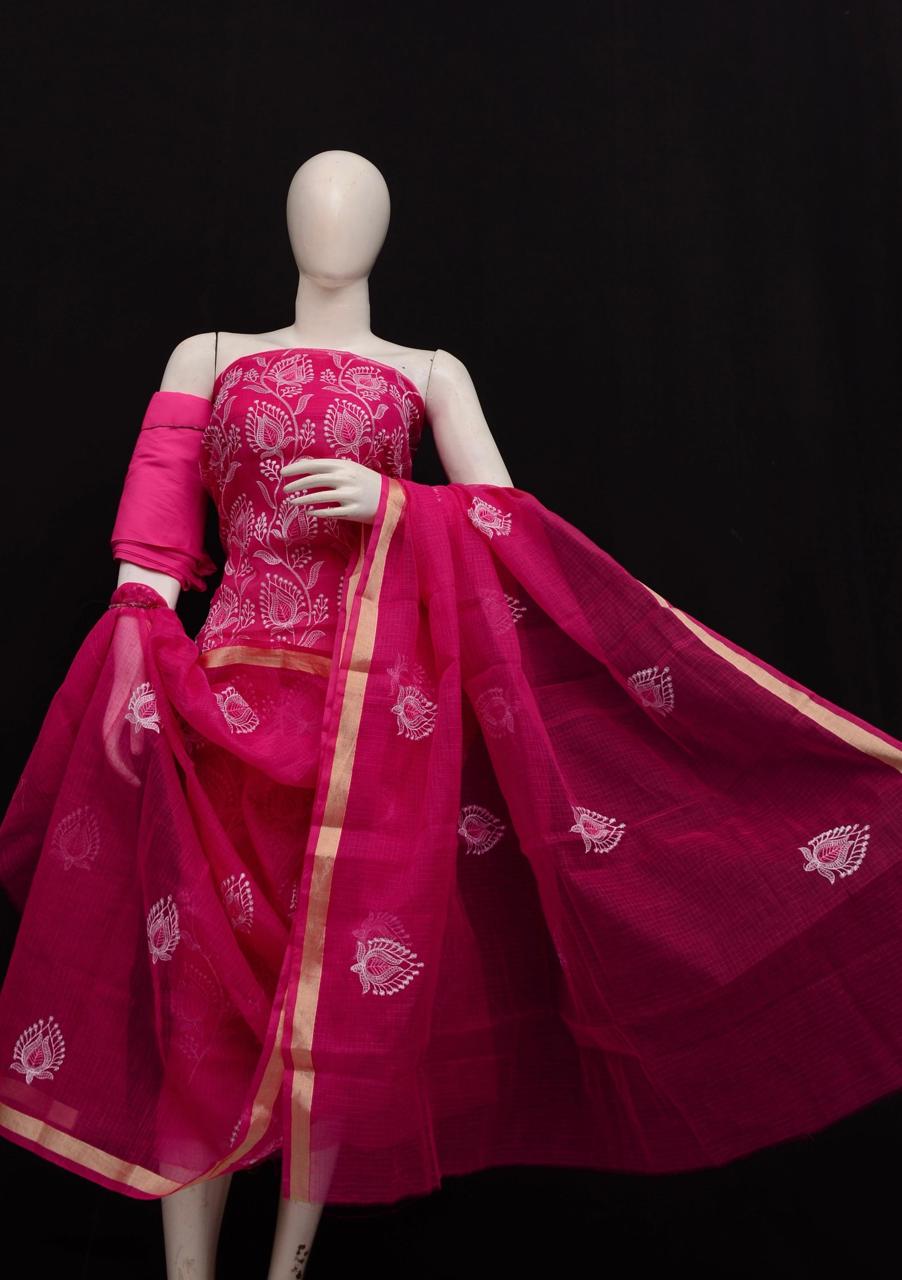 Kota Doriya Embroidery Work Suit In  Rani pink