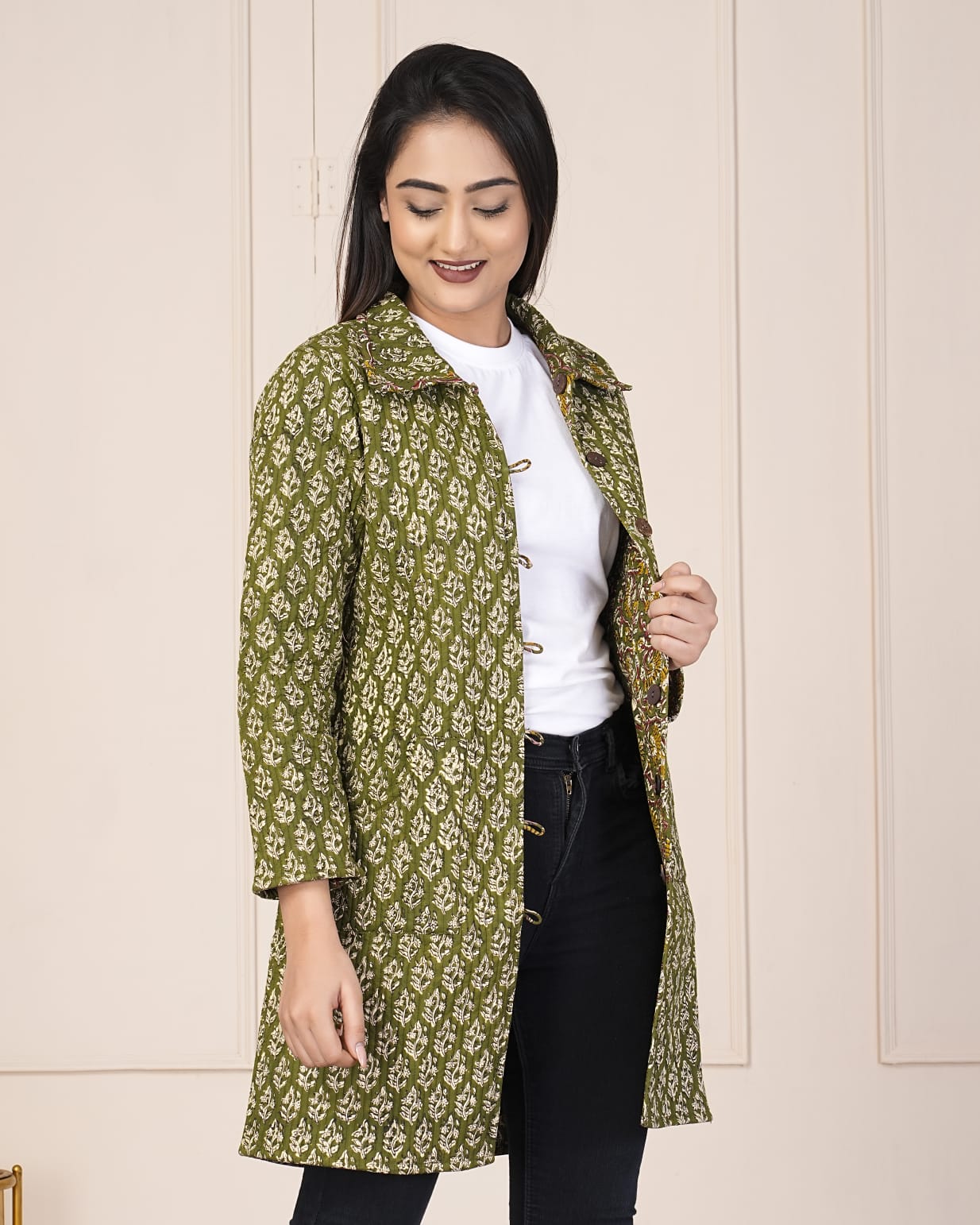 Beautiful Green Pure Cotton Quilted Reversible Print Long Jackets