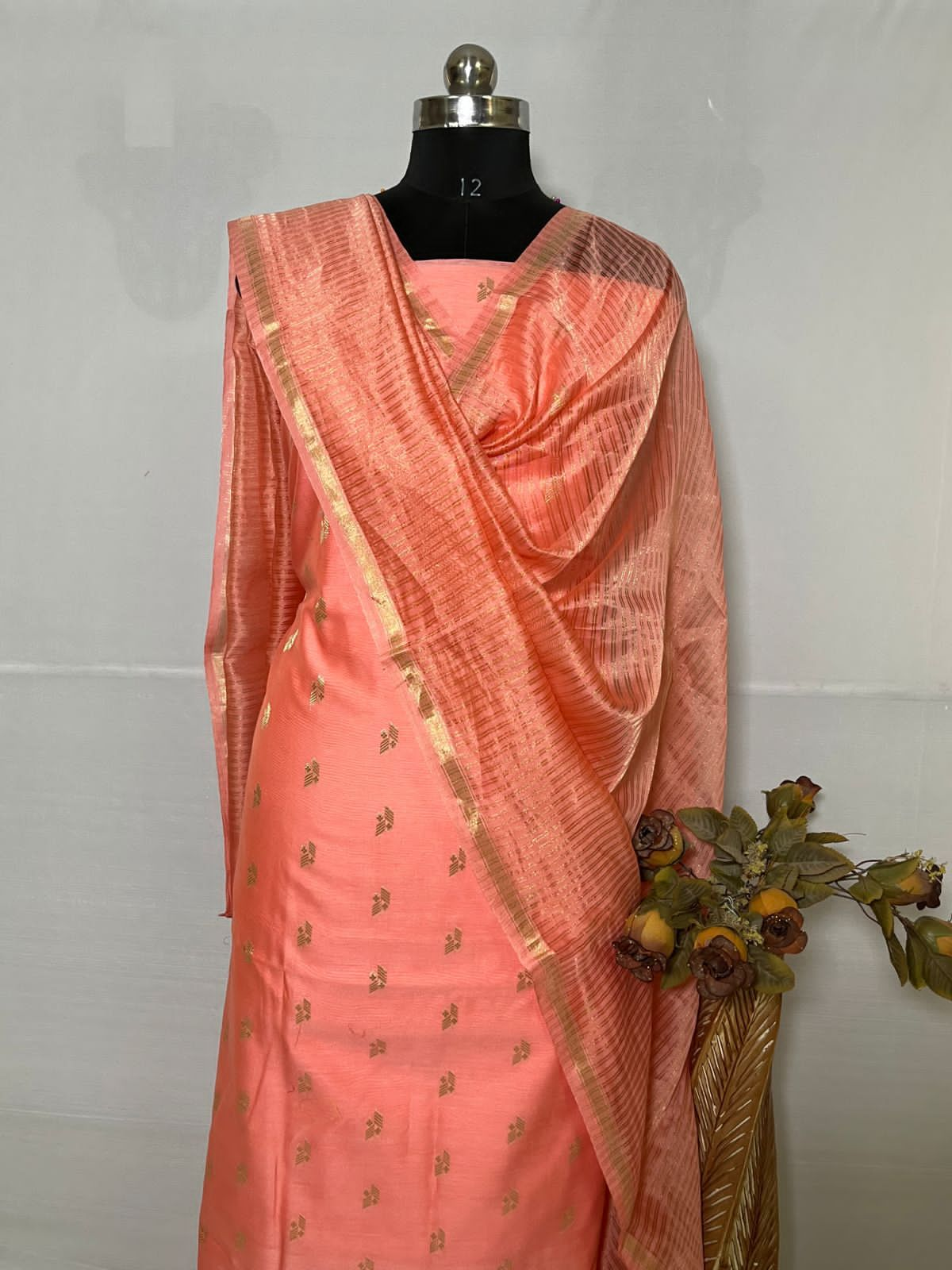 Peach with orange Suit in Chanderi Silk With Zari Weaving And Pure Kota Dupatta