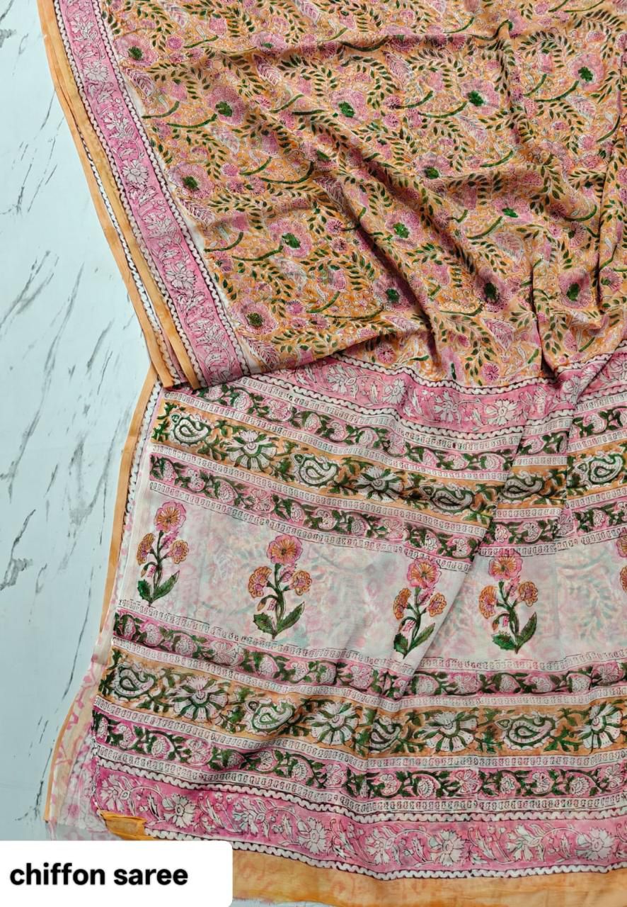 Double Diamond Pure Chiffon Sari in Pink