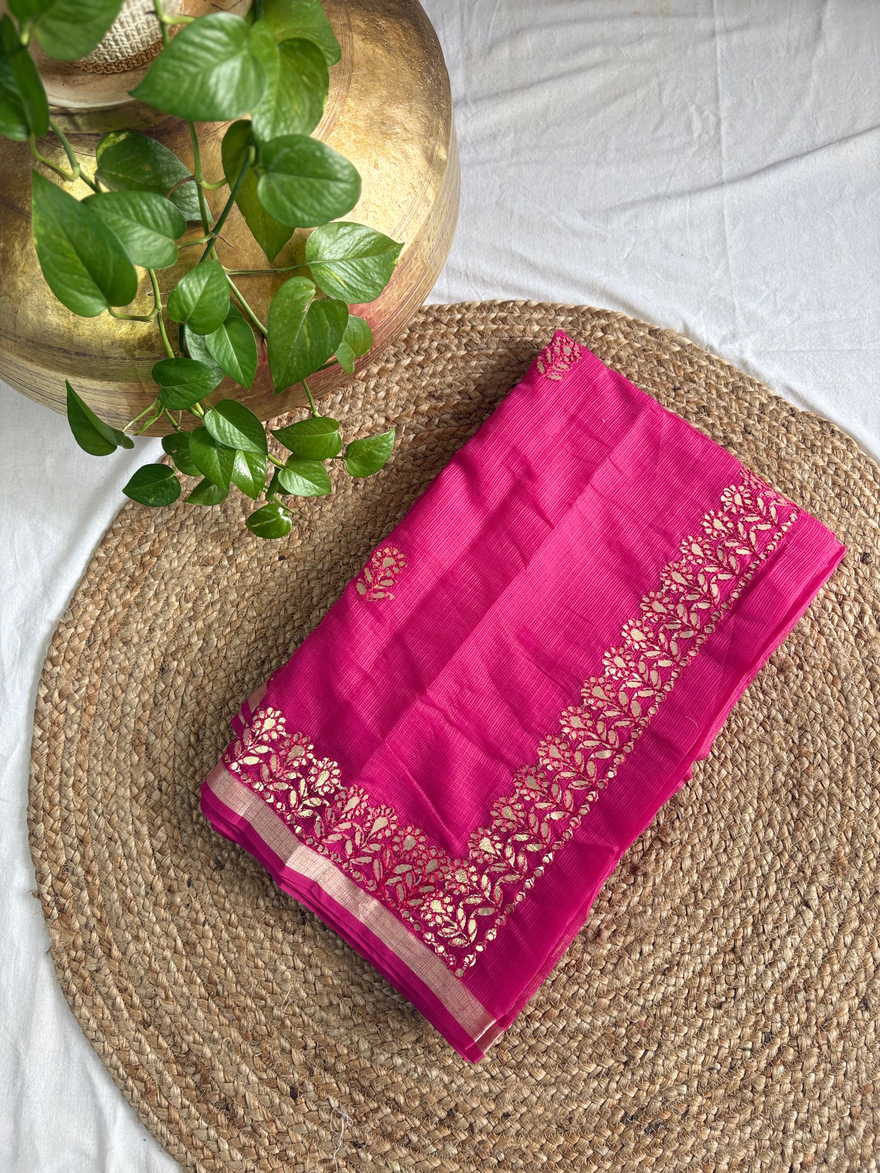 Rani Pink Kota Doria Gota Patti Saree