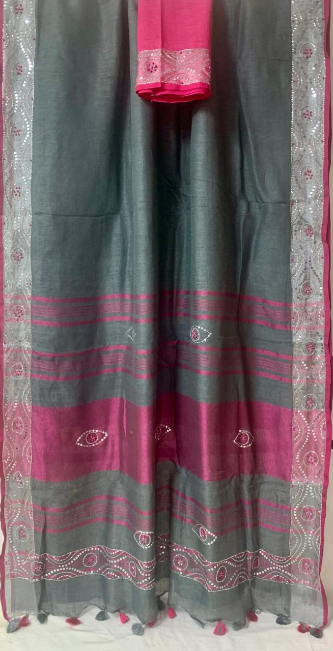 Grey Pure Linen Embroidery Saree