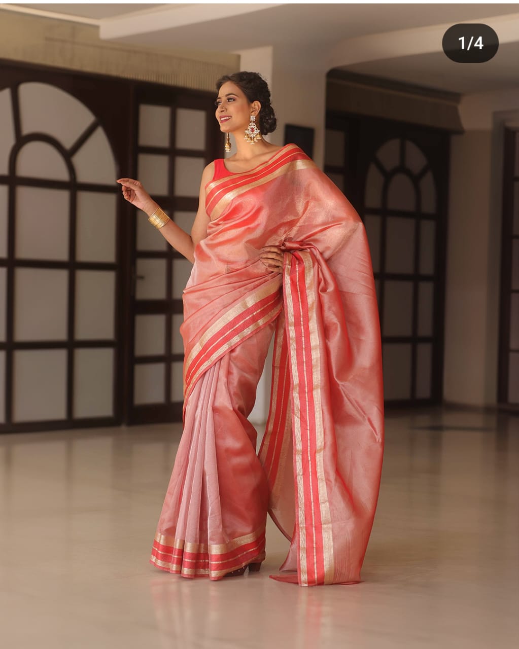 Red Shimmer Banarasi Handloom Tissue Zari Border Silk Saree