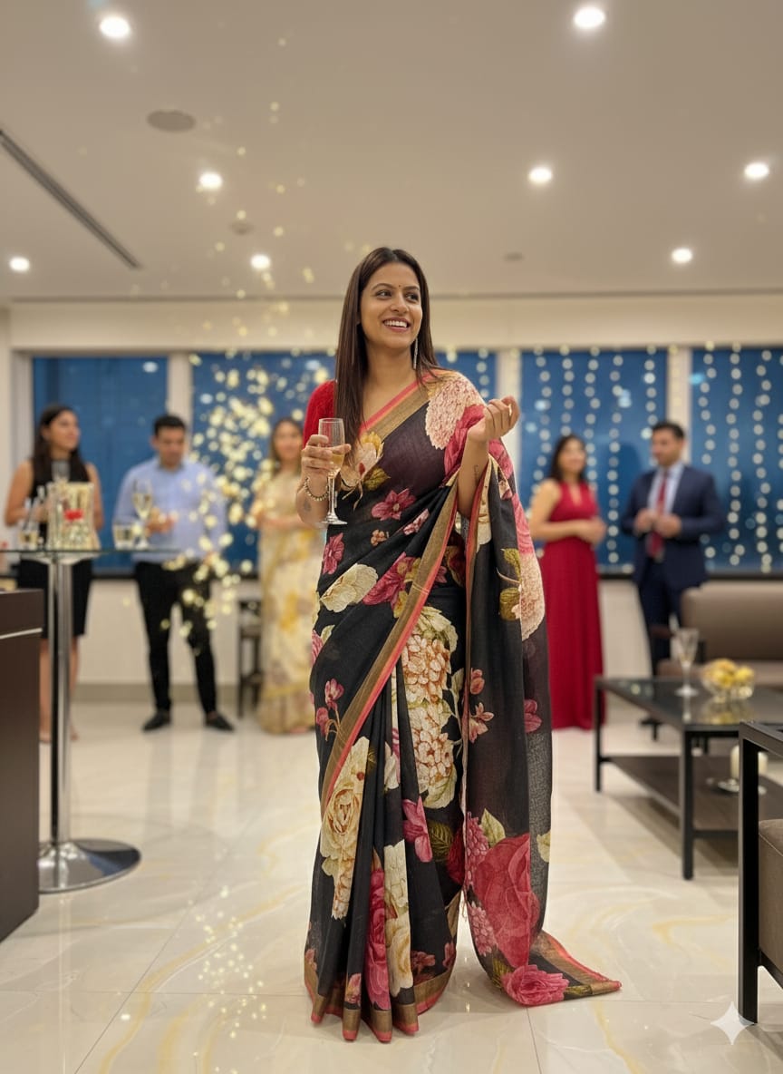 Malini Black Floral Print Pure Linen Saree