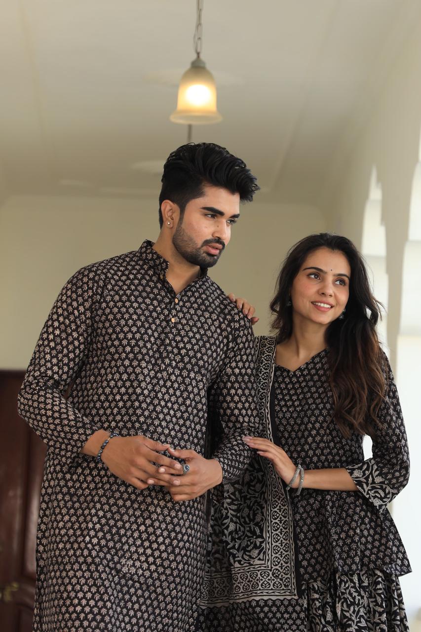 Black colour Pure Cotton Twinning Couple Set In Block Print