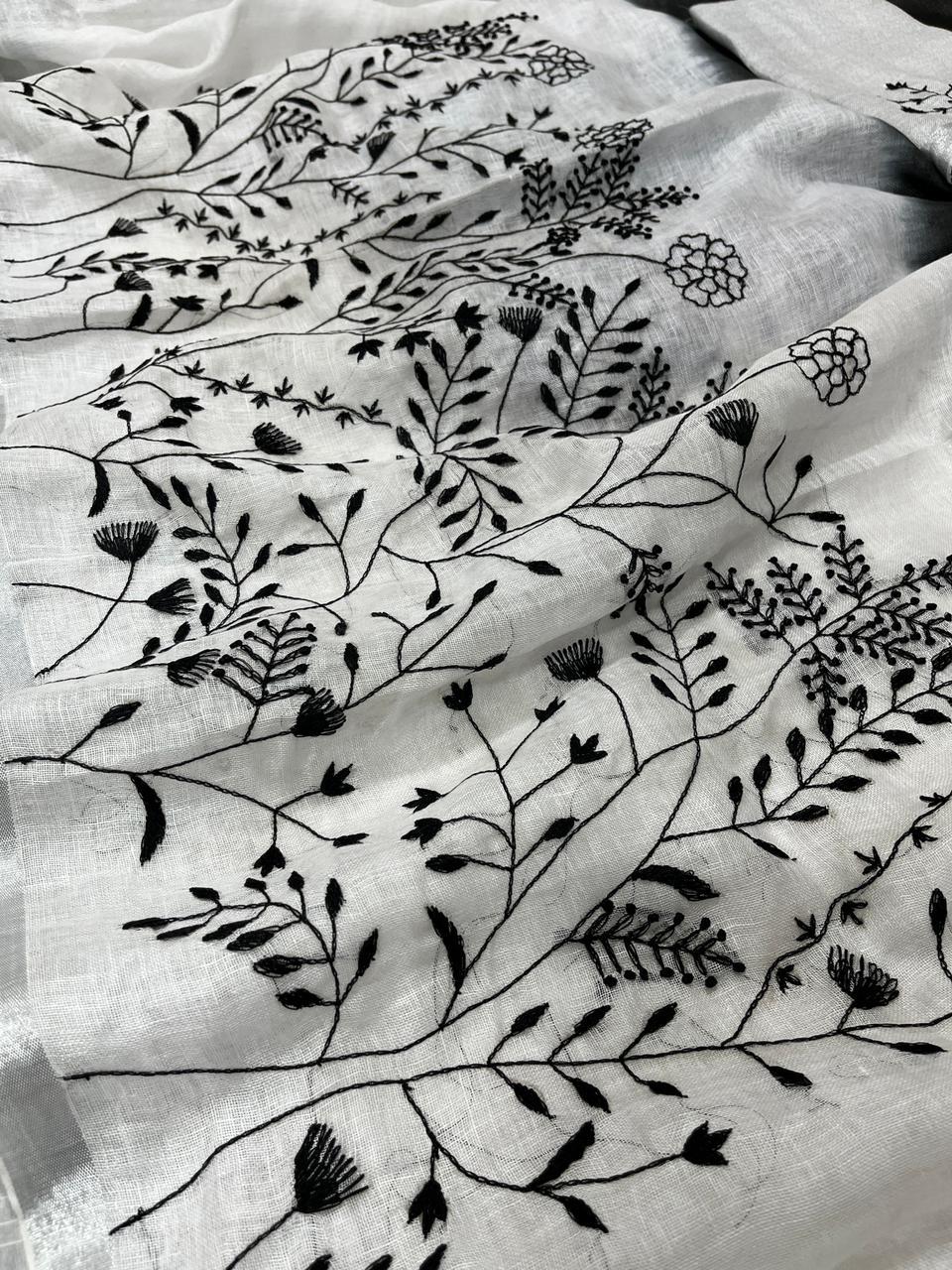 Linen Embroidery Saree In Black & White