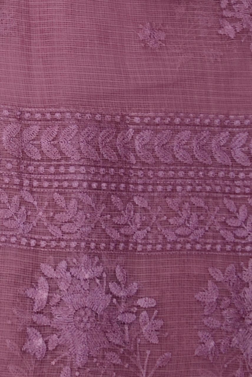 Dark Mauve Color Kota Doria All Over Embroidery Work Saree