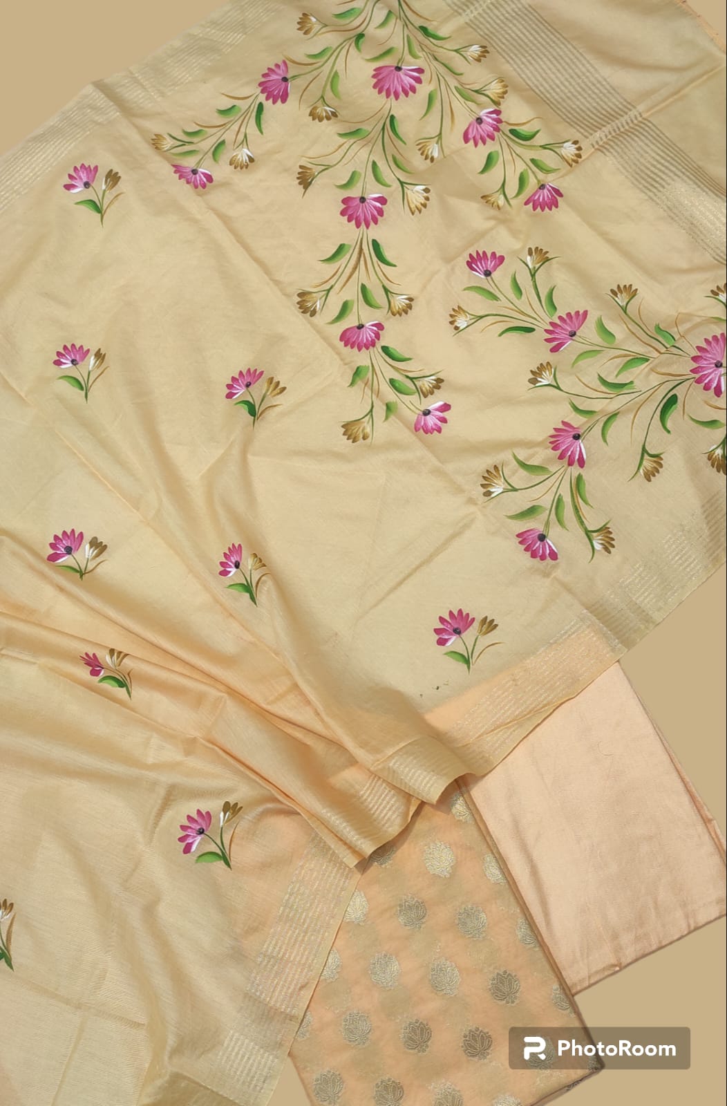 Beautiful in Beige Banarasi Cotton Silk Suit(Unstitched)