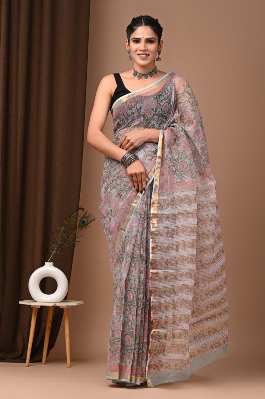 Sahira- Authentic Floral Pink Traditional Kota Doriya Print Saree