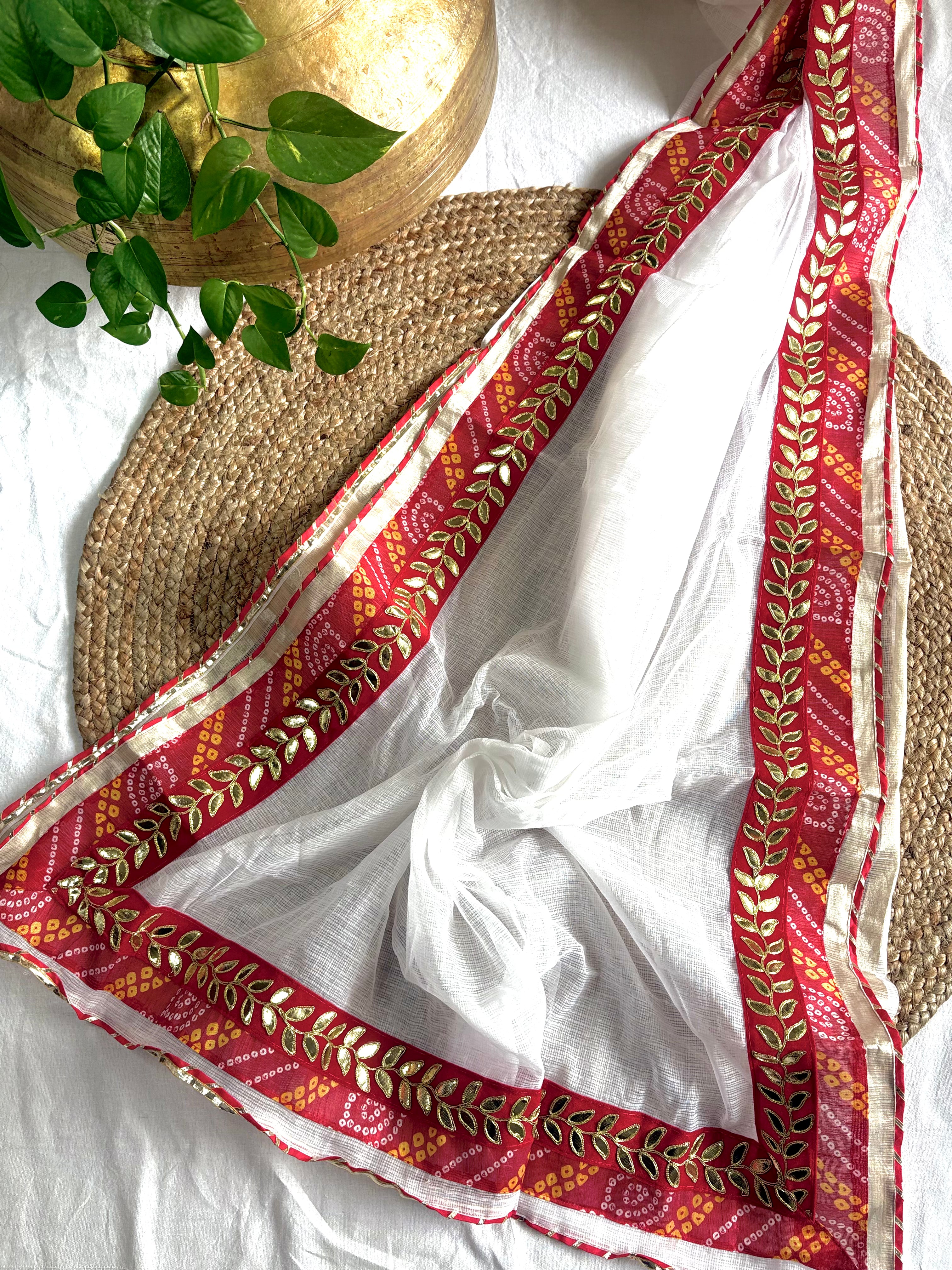Teejali White Kota Doria Gota Patti Saree