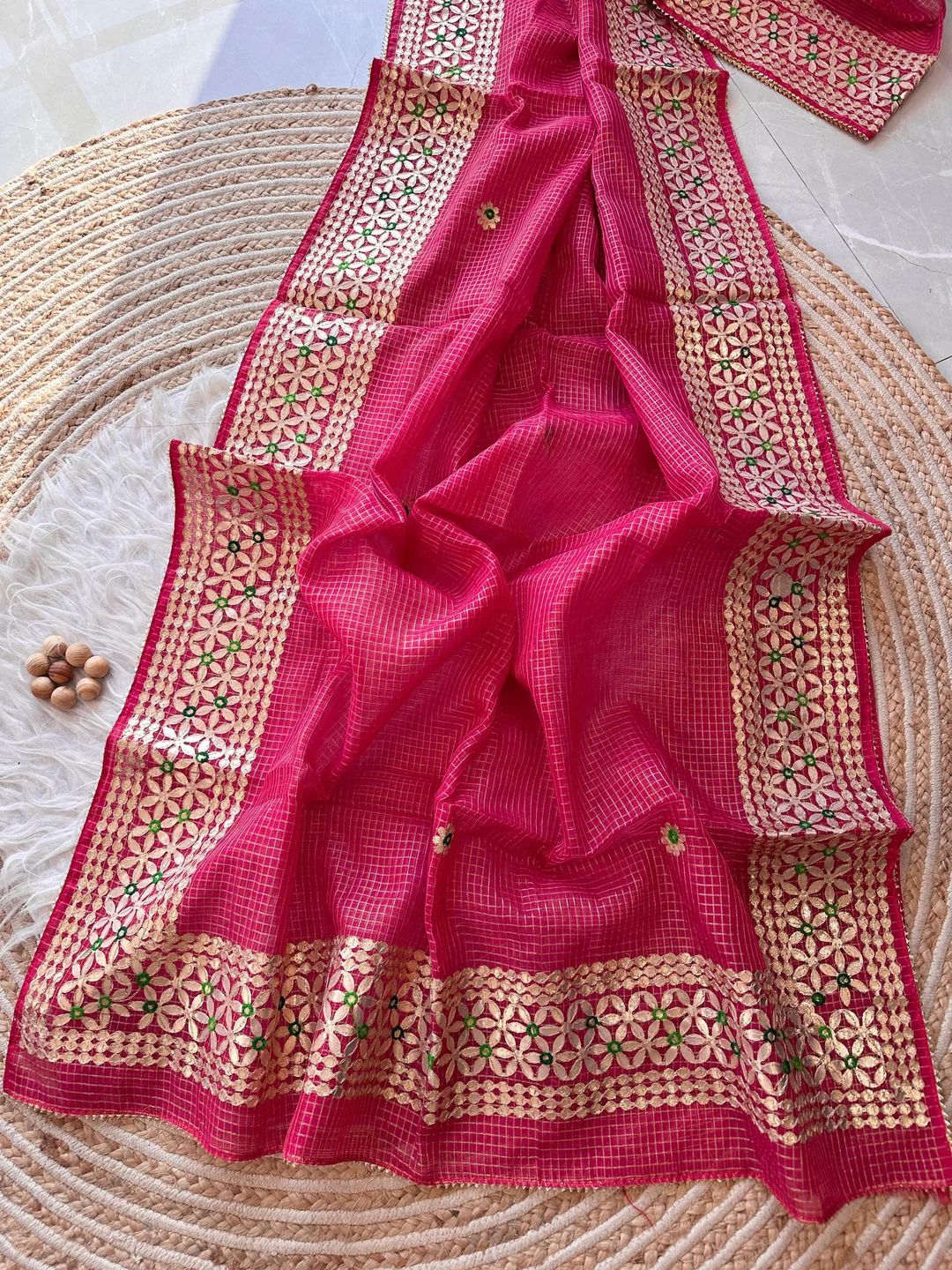 Kesarmati- Rani Pink Kota Doria Heavy Border Gota Patti Saree