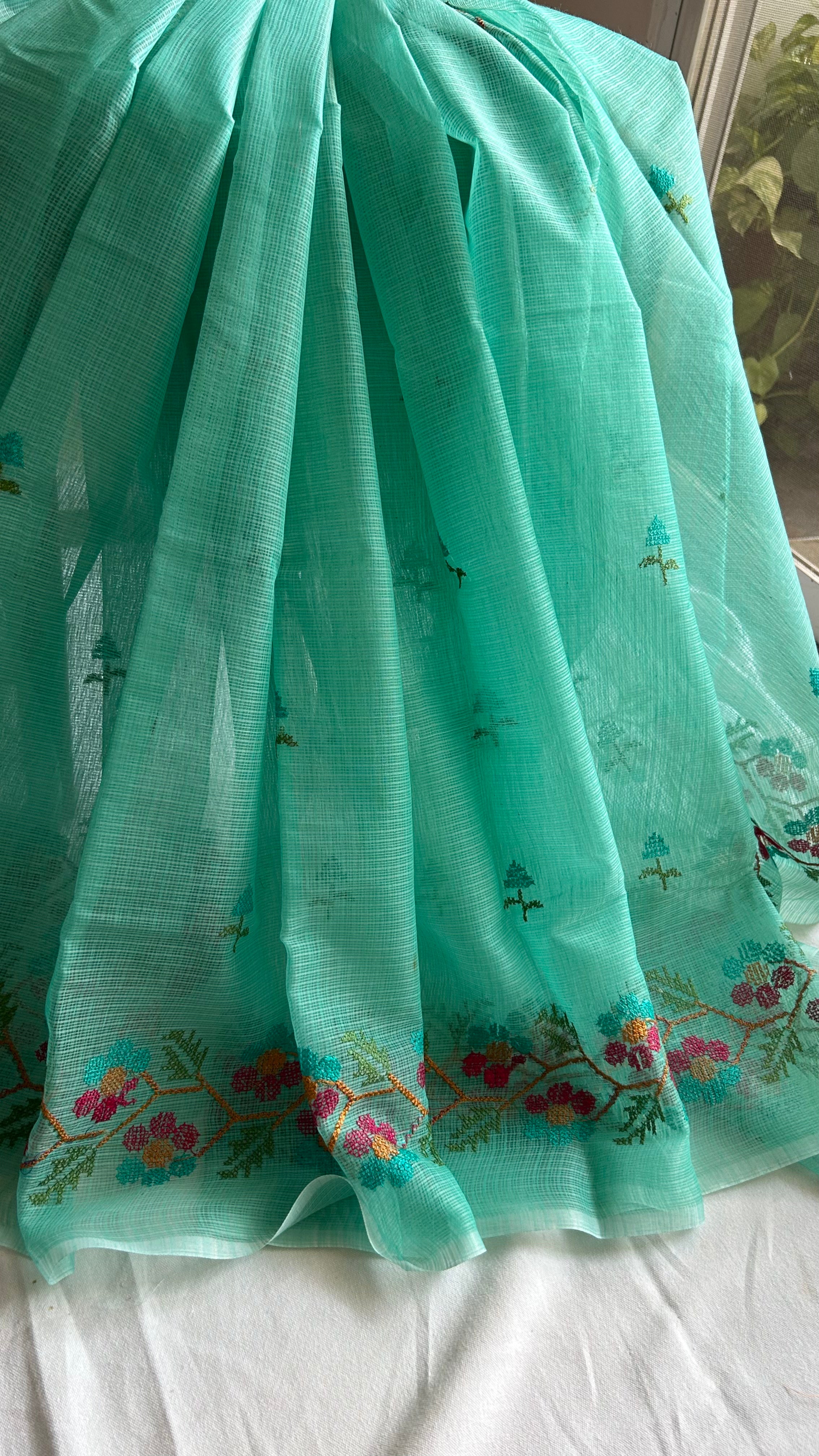 Cross Stitch Kota Doria Embroidery Work Saree In Sea Green