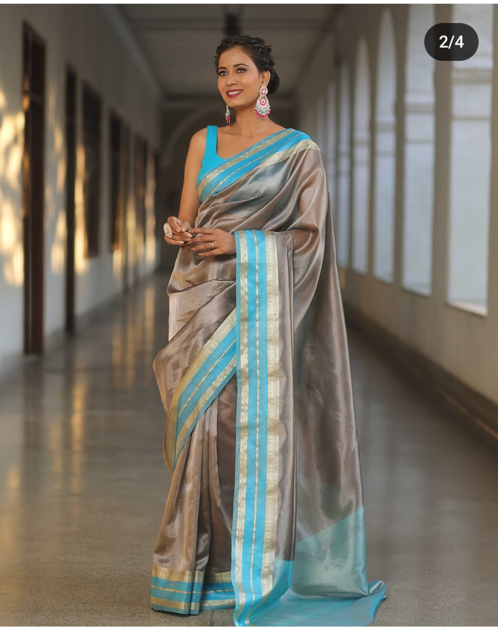 Blue Shimmer Banarasi Handloom Tissue Zari Border Silk Saree