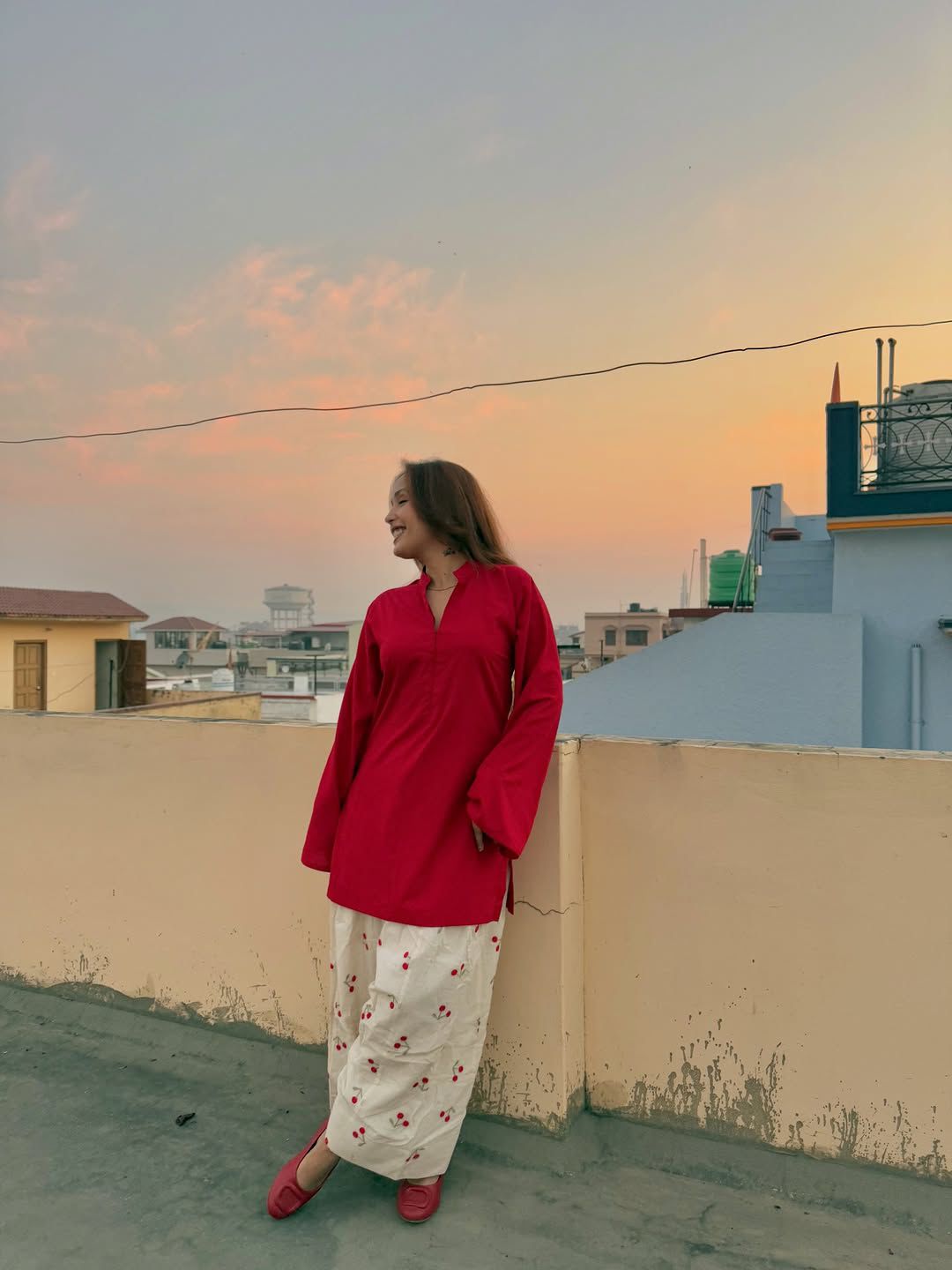 Cherry Red Kurti With Embroidery Palazzo Set
