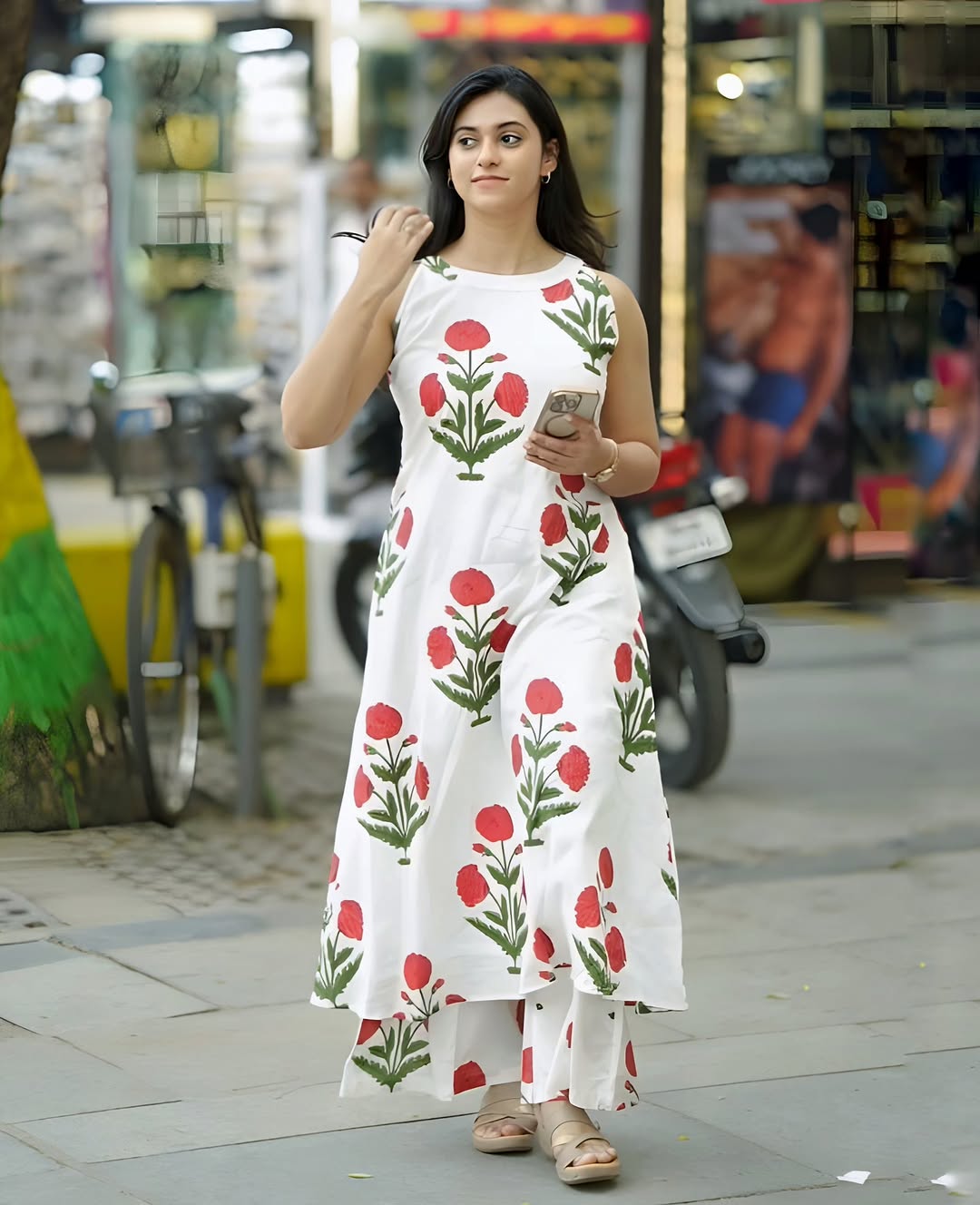 Summer white Flower Print Kurti Palazzo Set