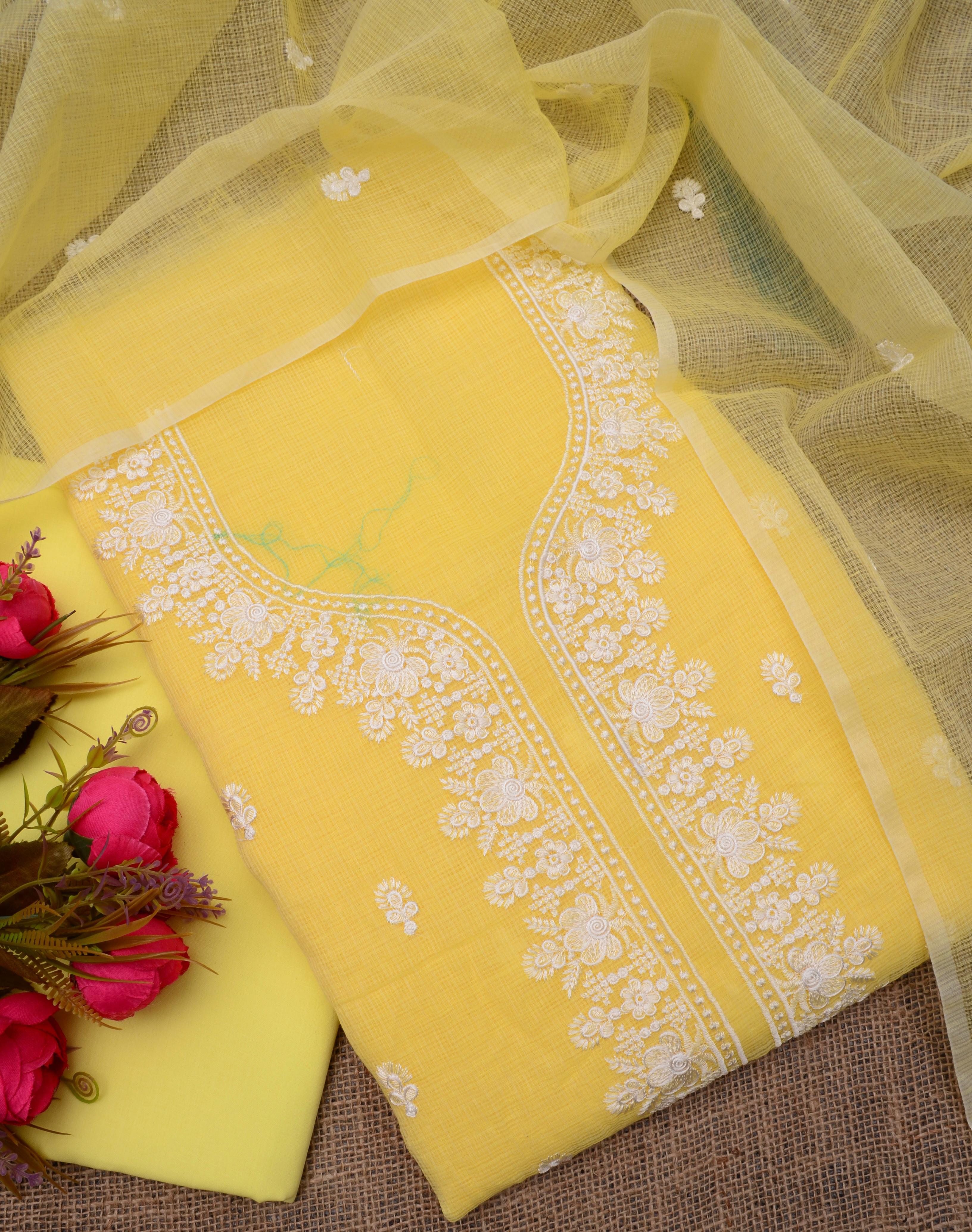 Yellow Embroided Work Kota Doria Suit Fabric With Dupatta