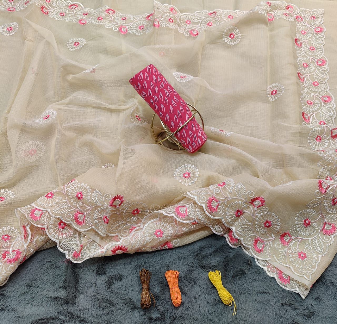 Bhanwari- Beige Color Kota Doria Embroidery Work Sari