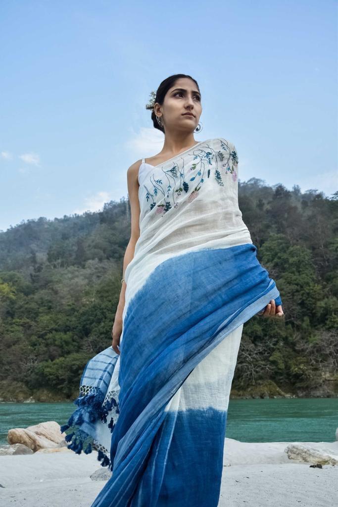 Linen Embroidery Saree In Blue & White