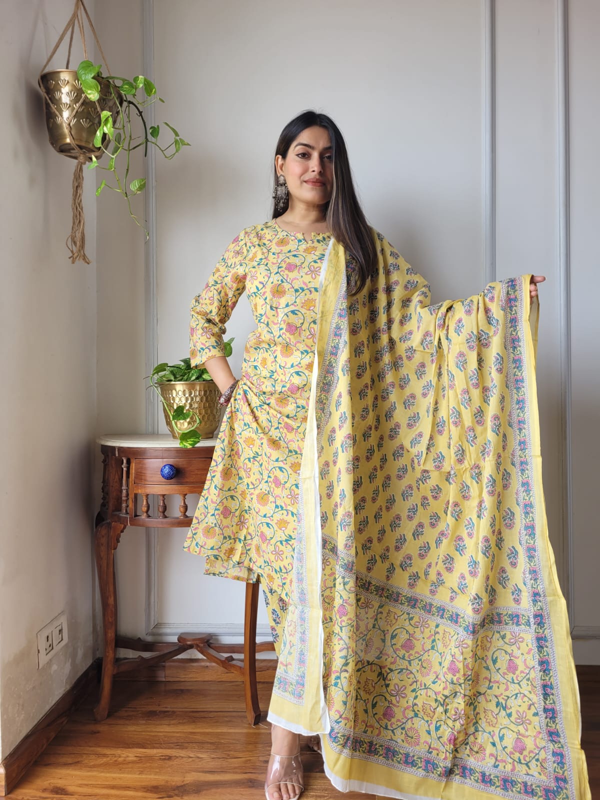 Summer Yellow Block Print Suit Set And Dupatta