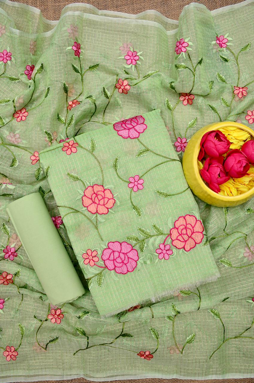 Kota Doria Embroidered Suit Set In Green (unstitched)