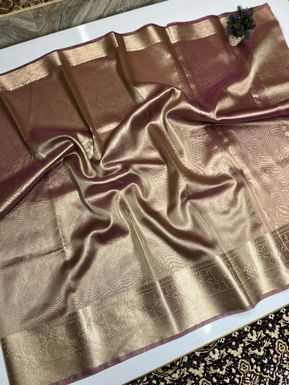 Gold zari woven border soft tissue saree in shimmer Brown 