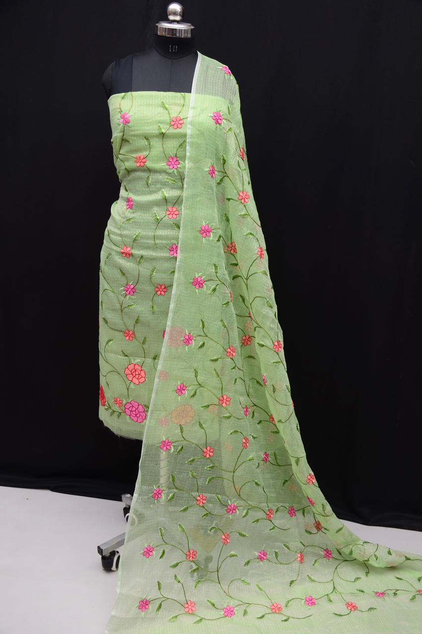 Kota Doria Embroidered Suit Set In Green (unstitched)