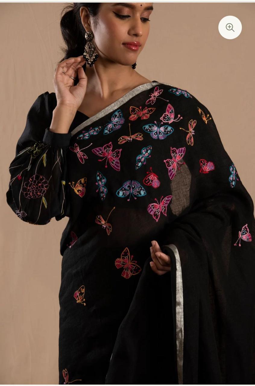 Linen Embroidery Saree In Black