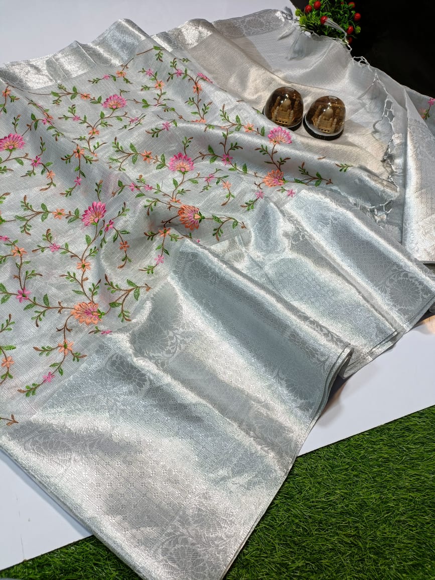 Silver Banarasi Tissue Fancy Party Embroidery Saree