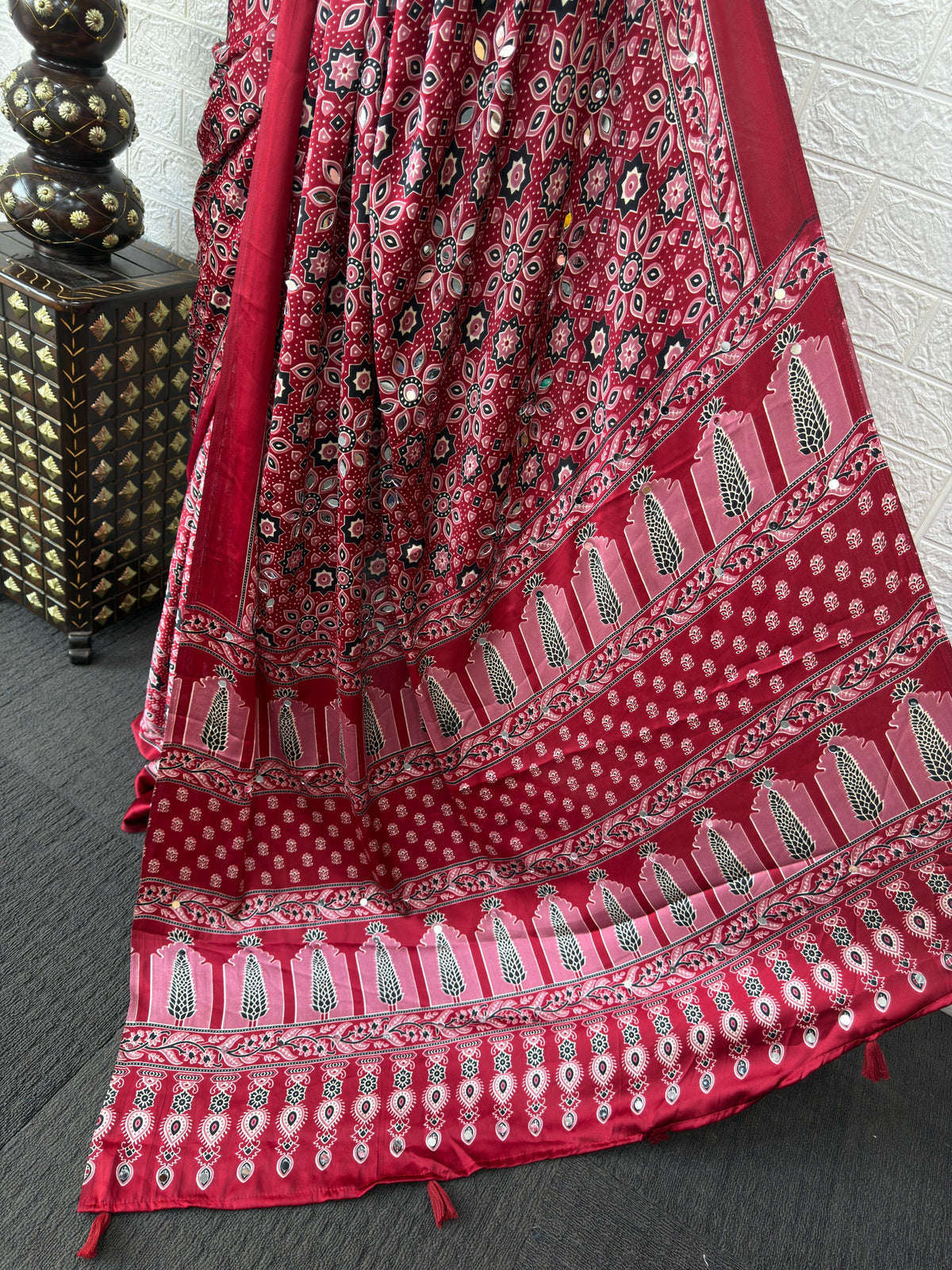 Red Ajrakh Print Mirror Work Satin Silk Saree