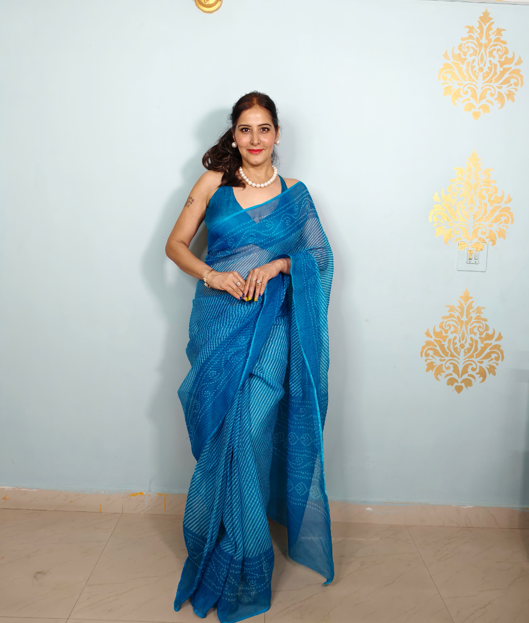 Blue Kota Doria Leheriya Bandhej Saree