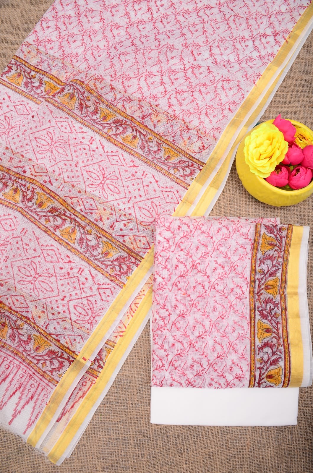 Summer Look Kota Doria Hand Block Print Suit In Peach (unstitched)