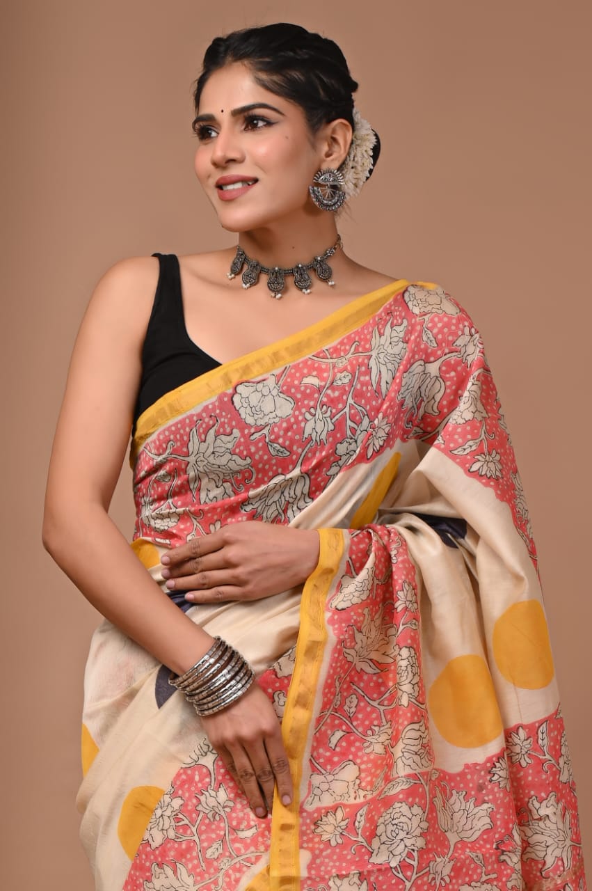Chandrika- Cream Color Chanderi Hand Block Printed  Saree