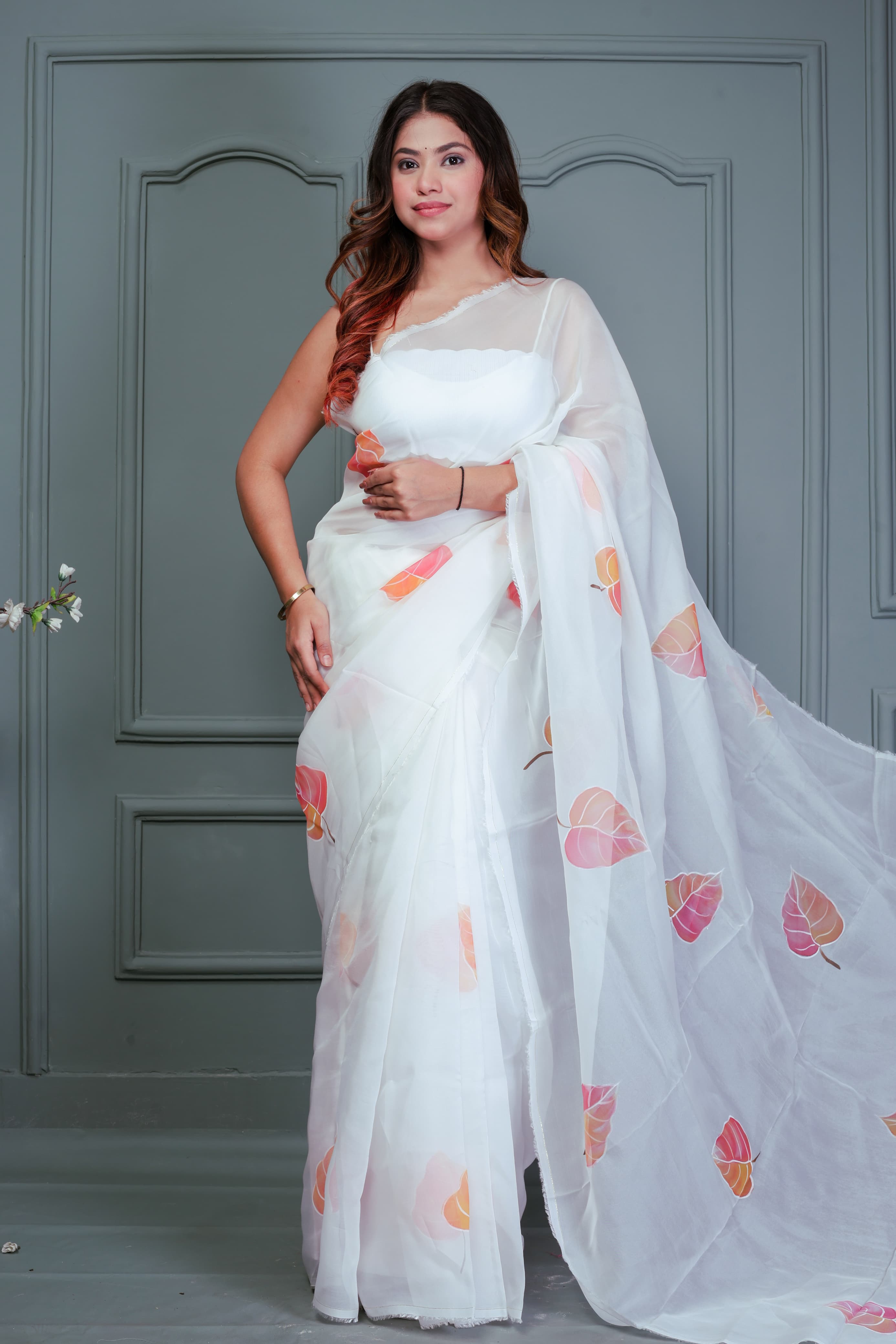 White Organza Hand Painted Saree