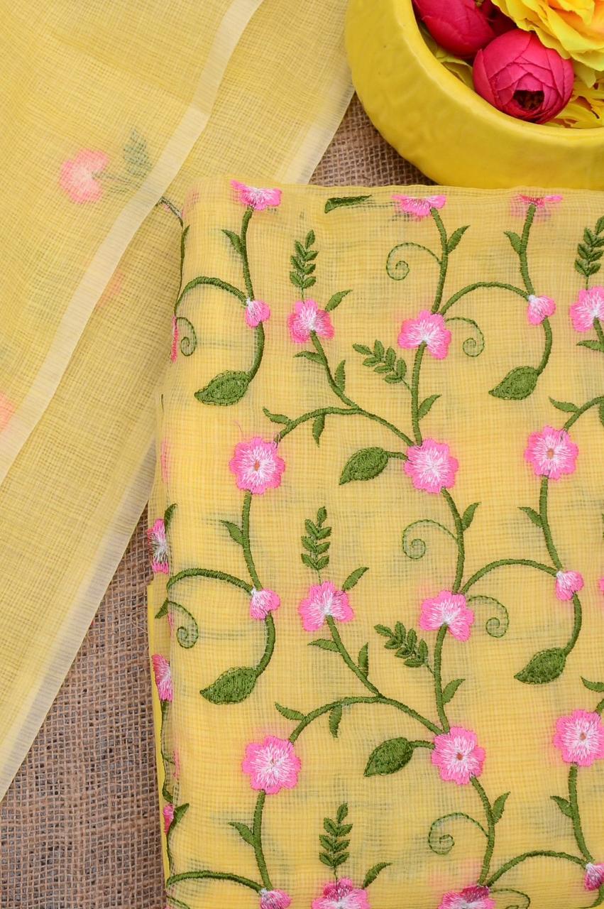 Kota Doria Embroidered Suit Set In Yellow