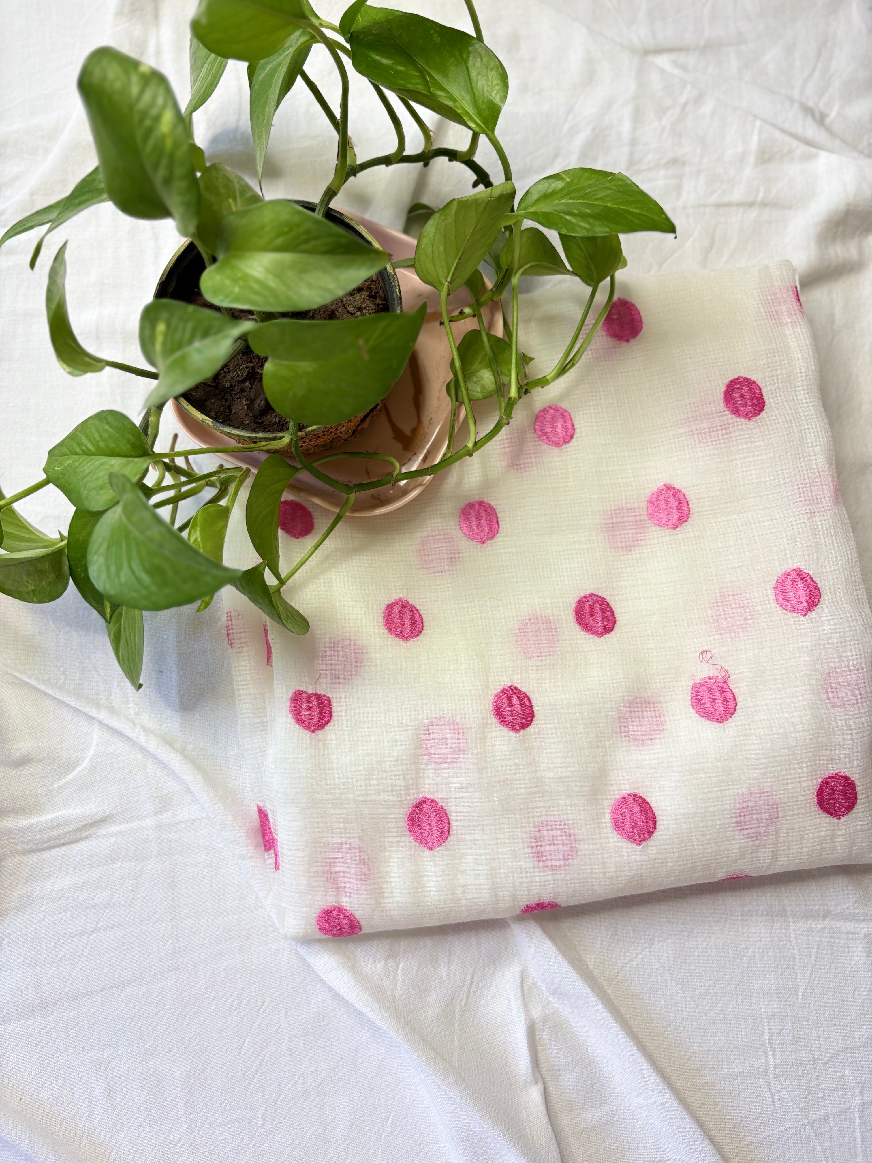 Kota Doriya Embroidery Work Suit In white Colour with pink dotted touch