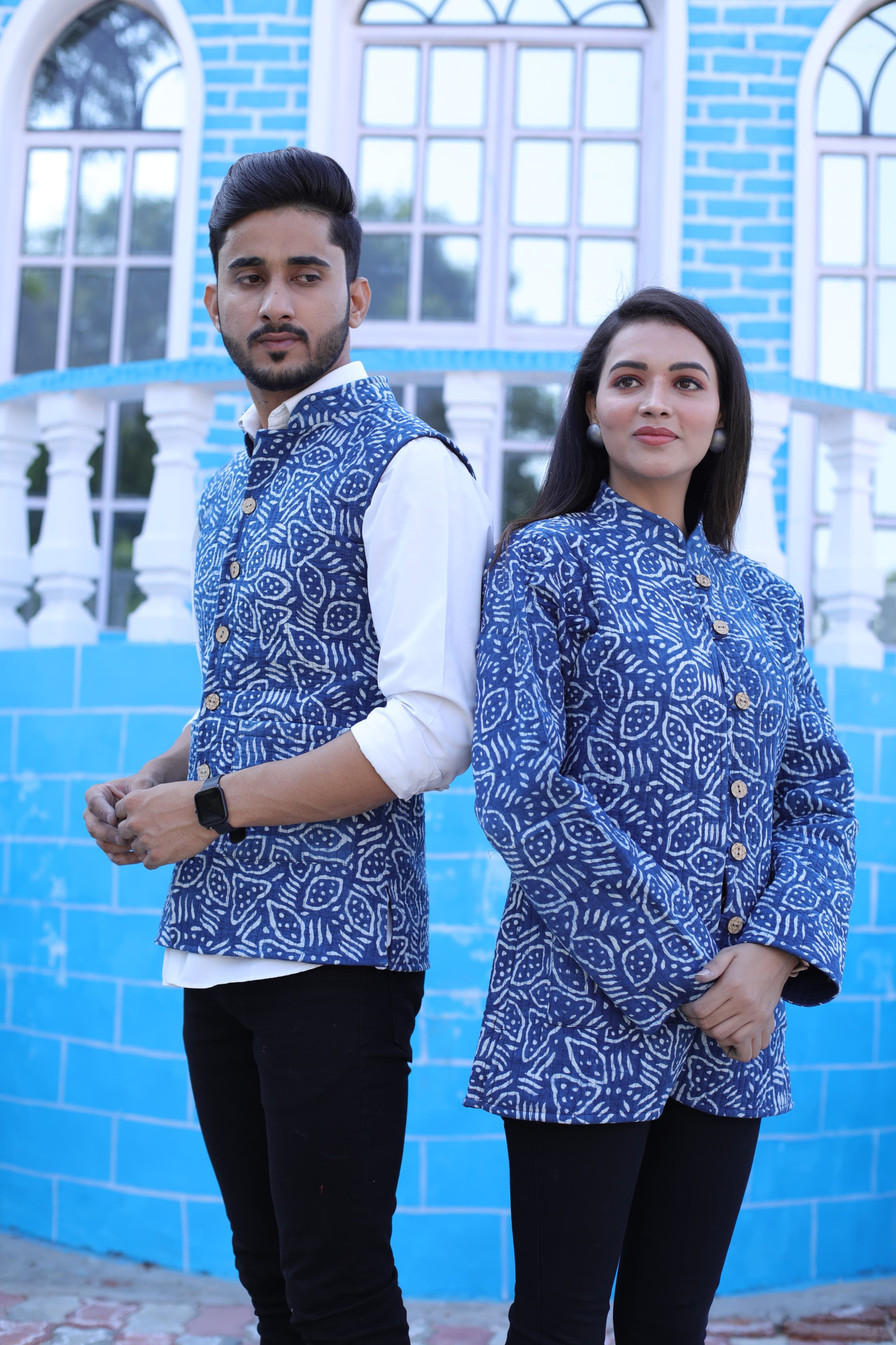 Blue Color Twinning Couple Pure Cotton Bagru Print Quilted Reversible Jackets