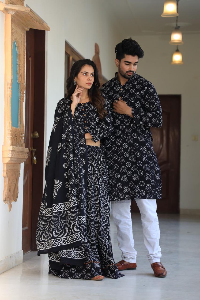 Black colour Pure Cotton Twinning Couple Set In Block Print