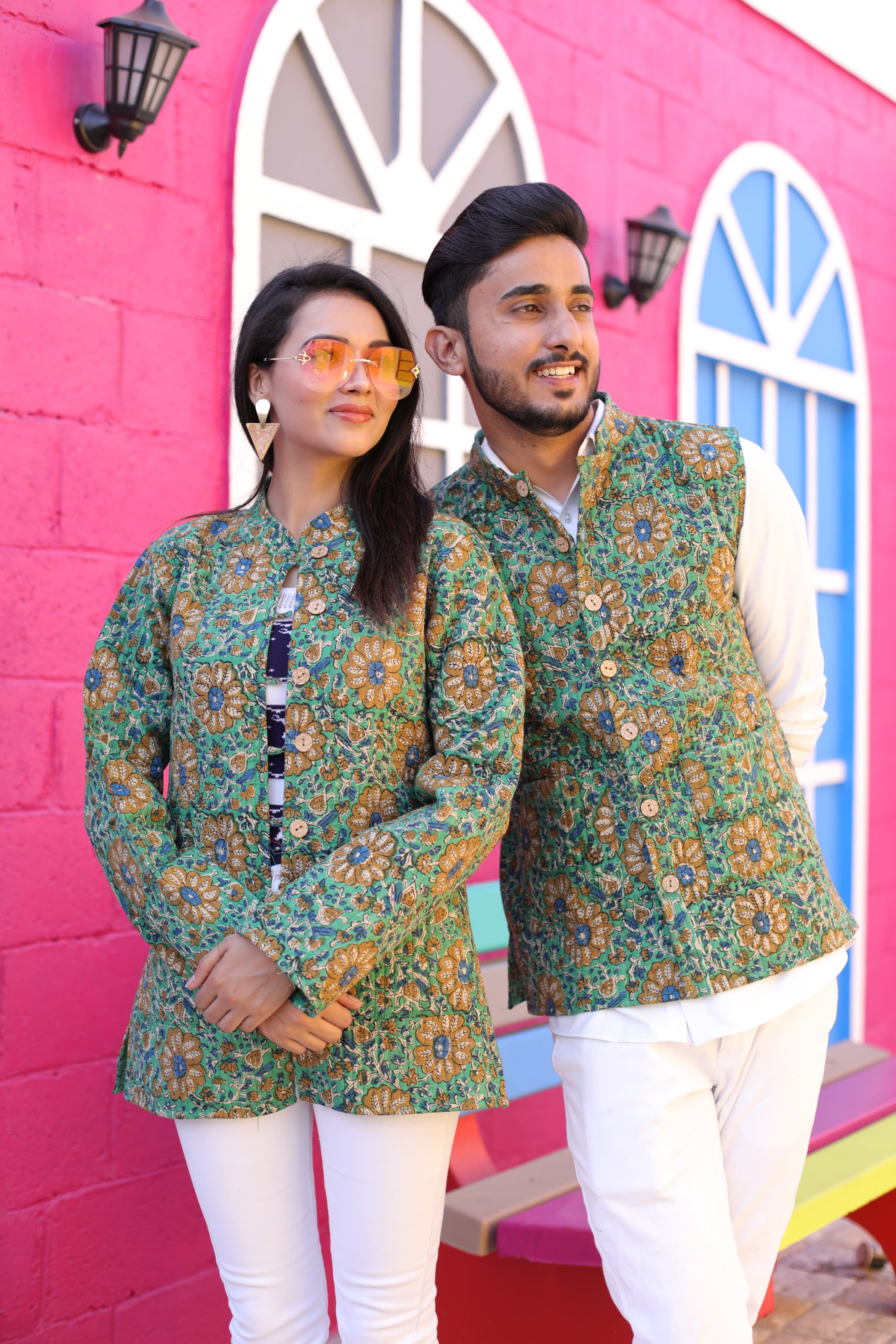 Green Color Twinning Couple Pure Cotton Bagru Print Quilted Reversible Jackets