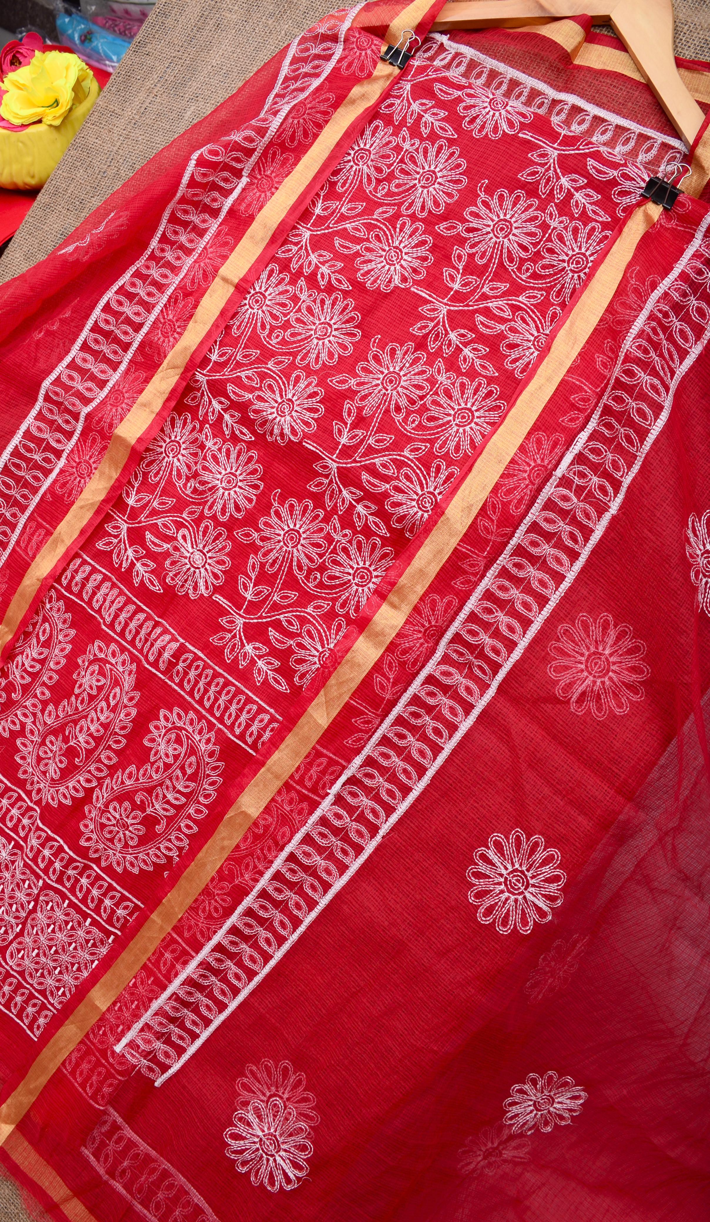 Red Embroided Kota Doria Cotton Suit Fabric With Dupatta